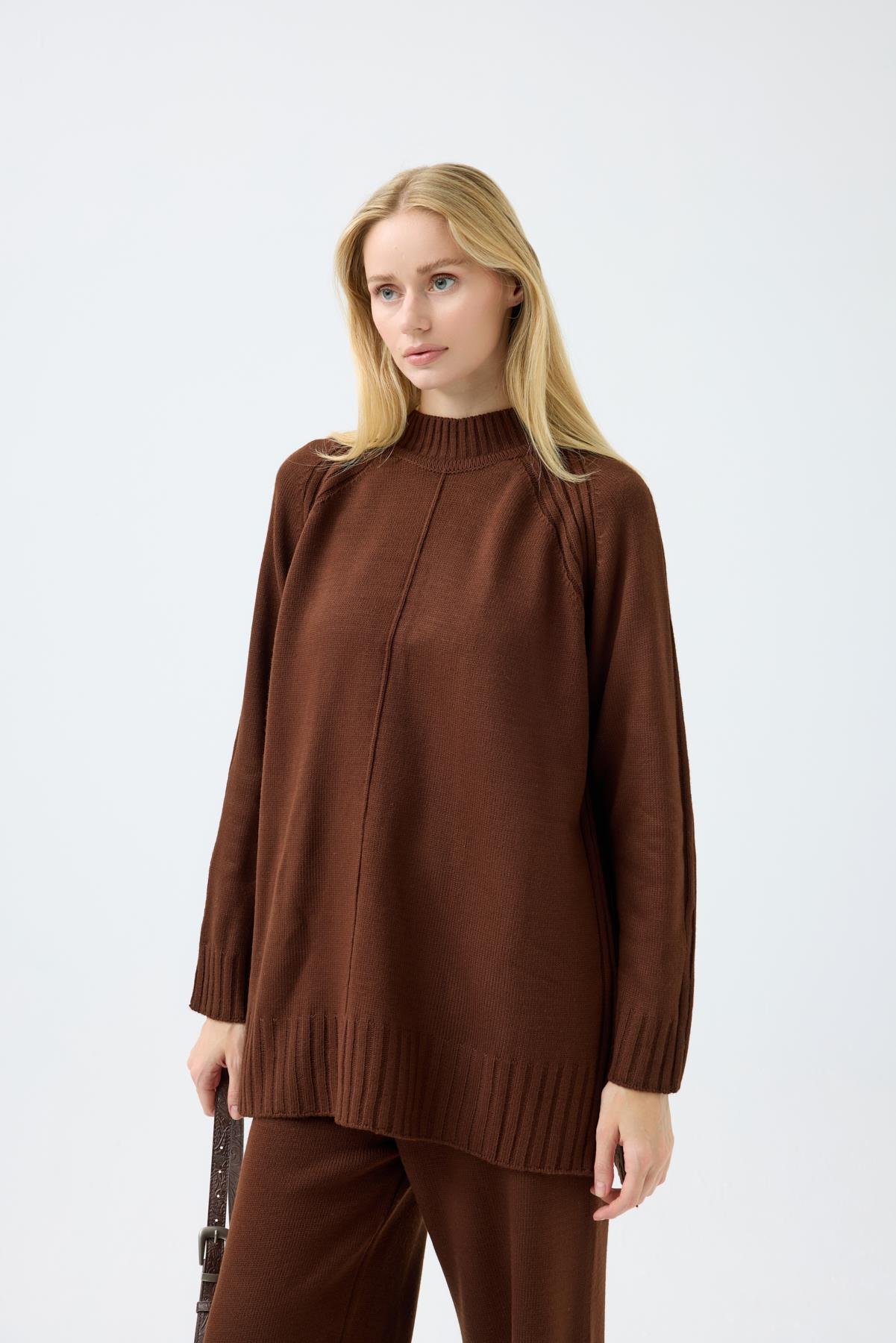 Lilie Nervürlü Triko Takım - Kahverengi 