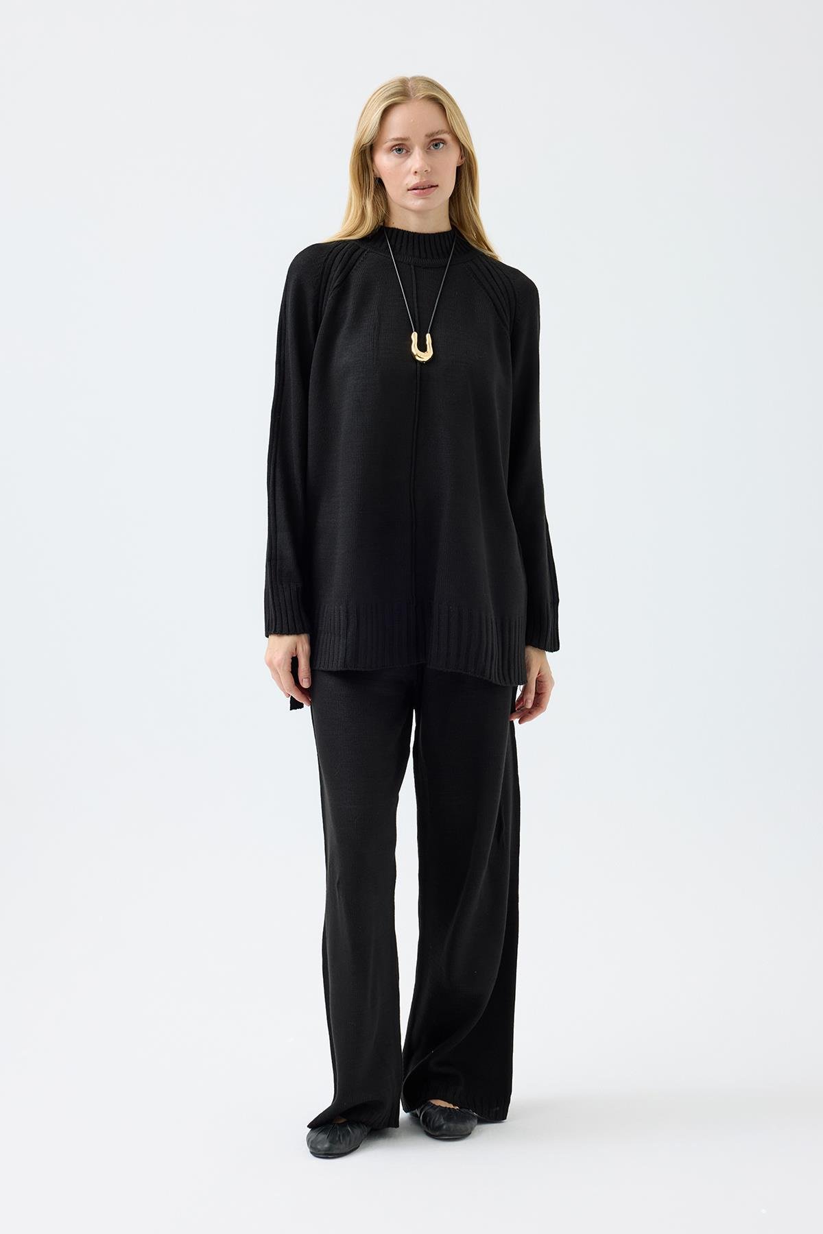 Lilie Nervürlü Triko Takım - Siyah