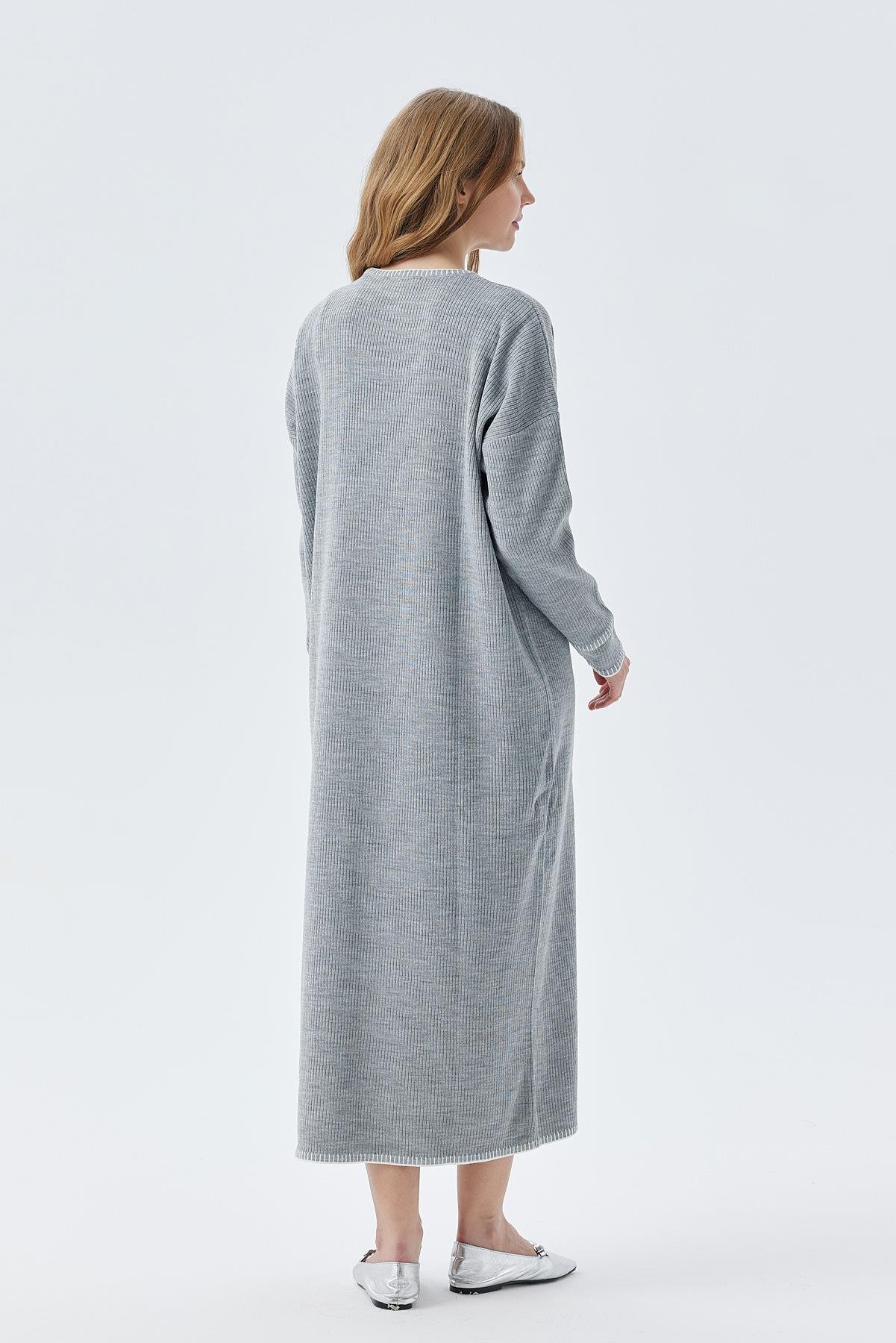 LILITH TEĞEL DETAYLI FİTİLLİ TRİKO ELBİSE - GRİ