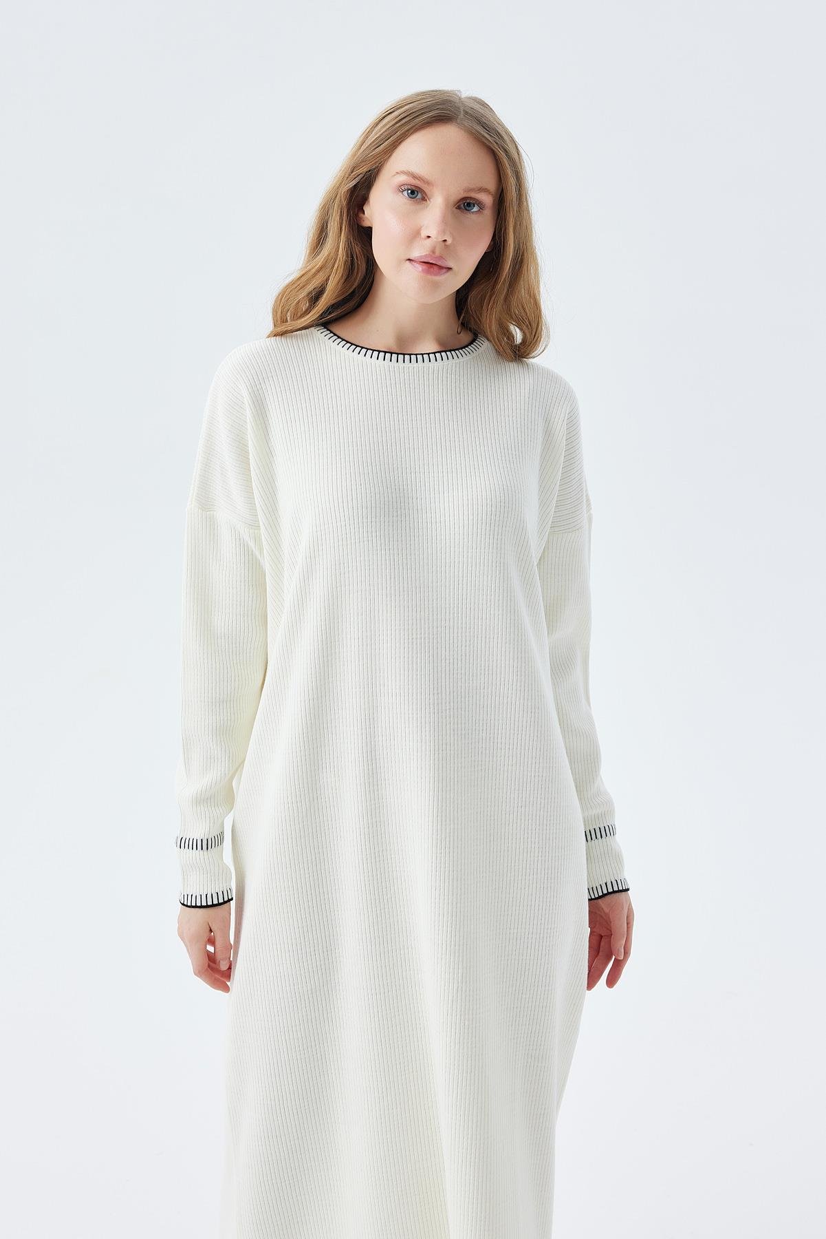 LILITH TEĞEL DETAYLI FİTİLLİ TRİKO ELBİSE - EKRU