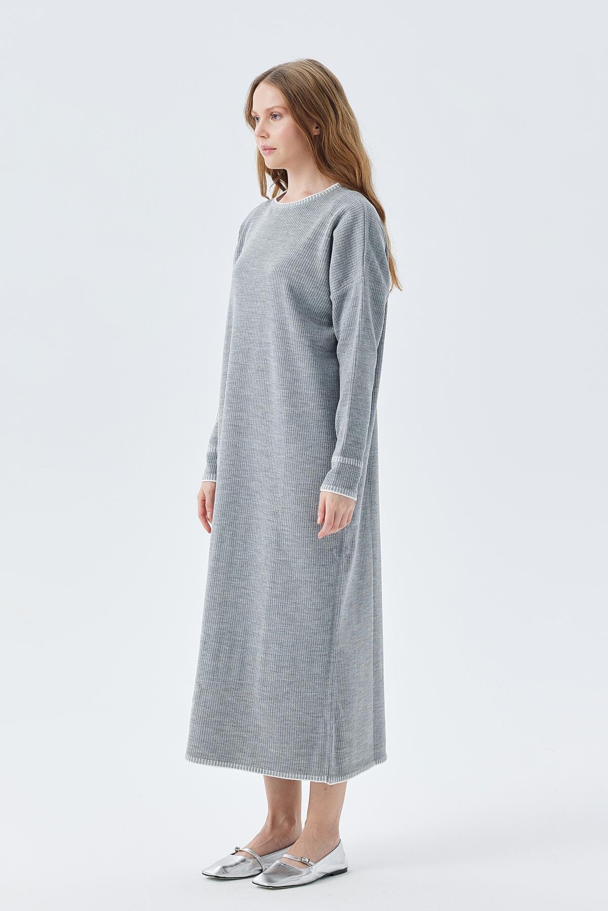 LILITH TEĞEL DETAYLI FİTİLLİ TRİKO ELBİSE - GRİ