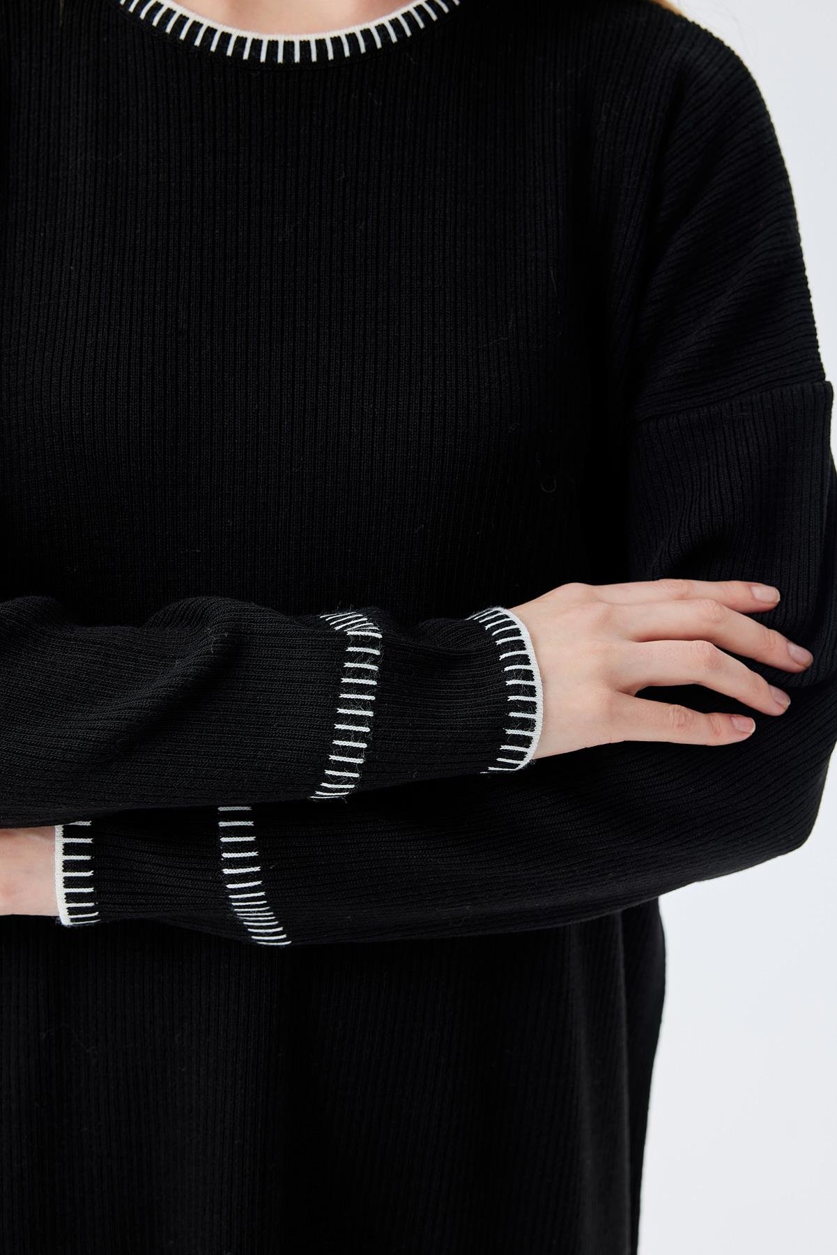 LILITH TEĞEL DETAYLI FİTİLLİ TRİKO ELBİSE - SİYAH 