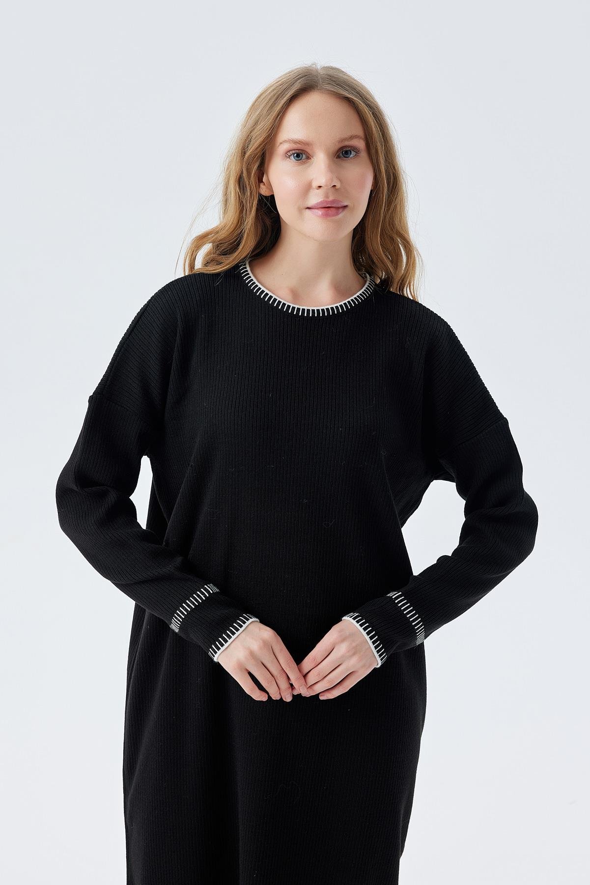 LILITH TEĞEL DETAYLI FİTİLLİ TRİKO ELBİSE - SİYAH 