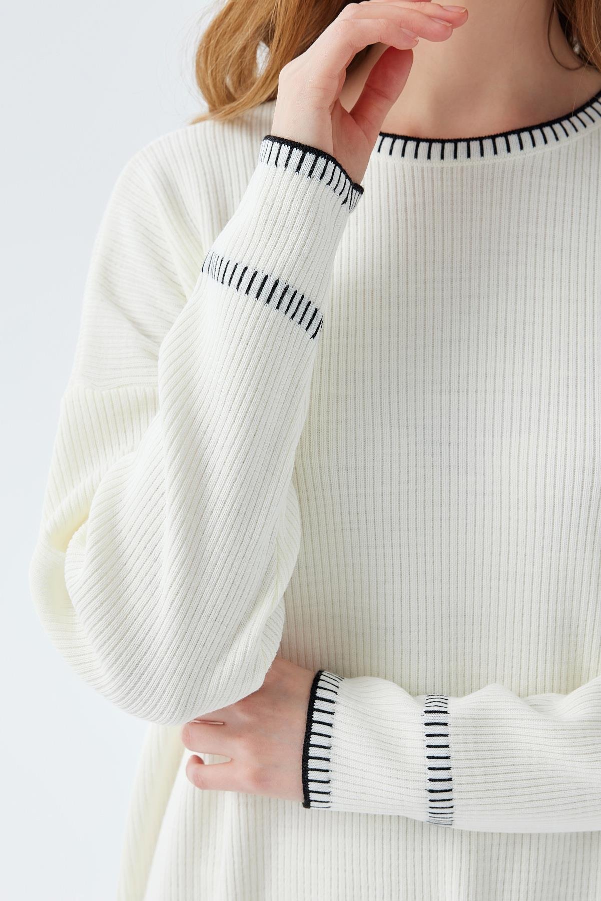 LILITH TEĞEL DETAYLI FİTİLLİ TRİKO ELBİSE - EKRU