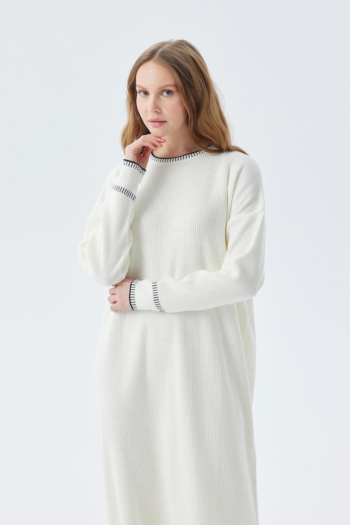 LILITH TEĞEL DETAYLI FİTİLLİ TRİKO ELBİSE - EKRU