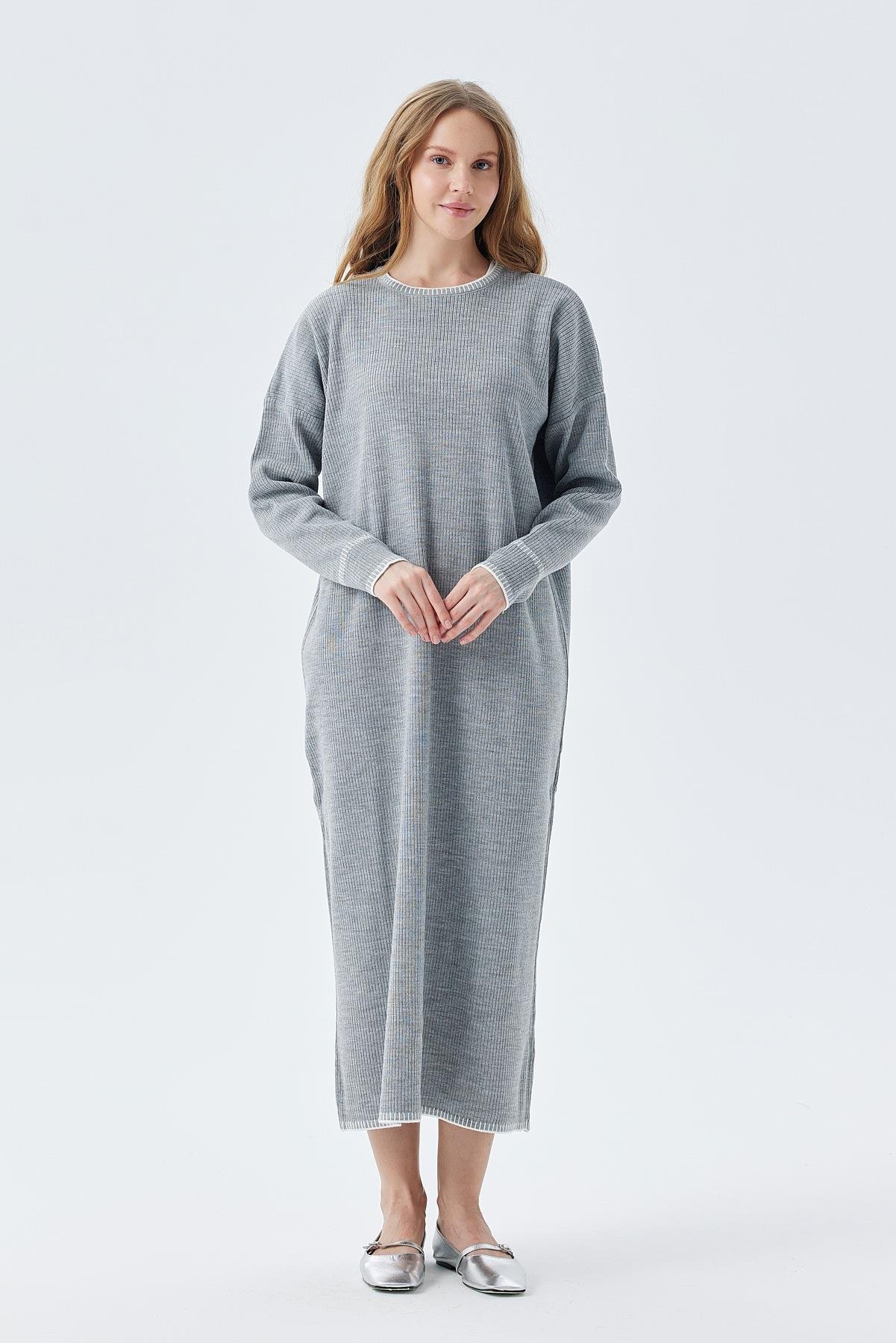 LILITH TEĞEL DETAYLI FİTİLLİ TRİKO ELBİSE - GRİ