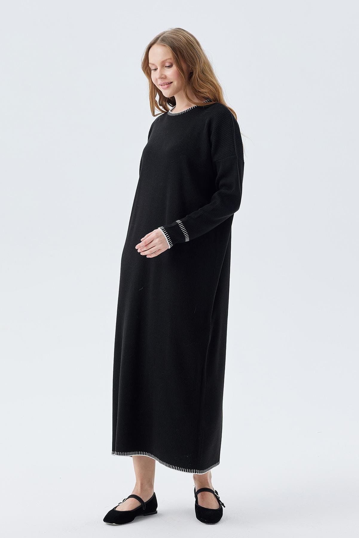 LILITH TEĞEL DETAYLI FİTİLLİ TRİKO ELBİSE - SİYAH 