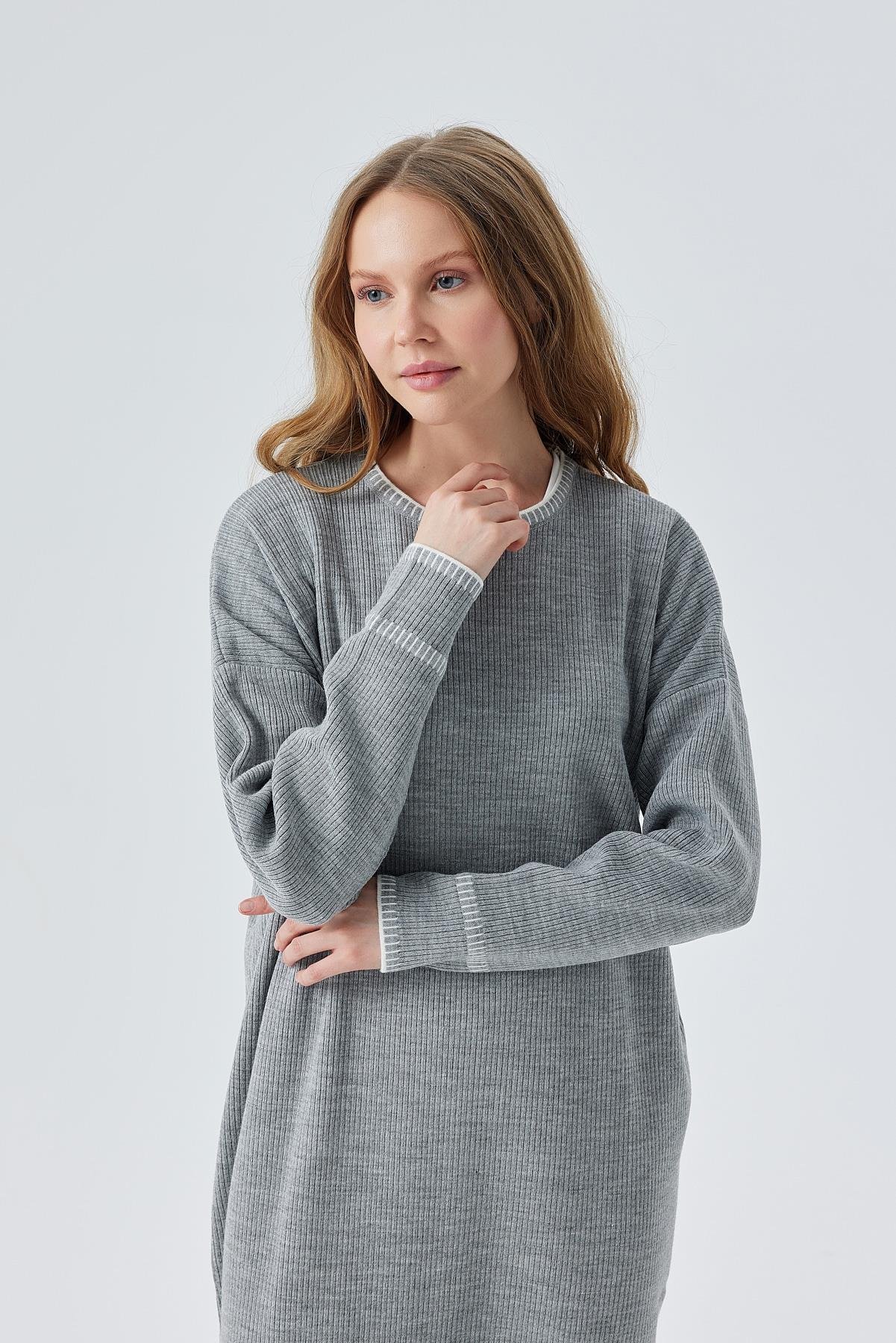 LILITH TEĞEL DETAYLI FİTİLLİ TRİKO ELBİSE - GRİ