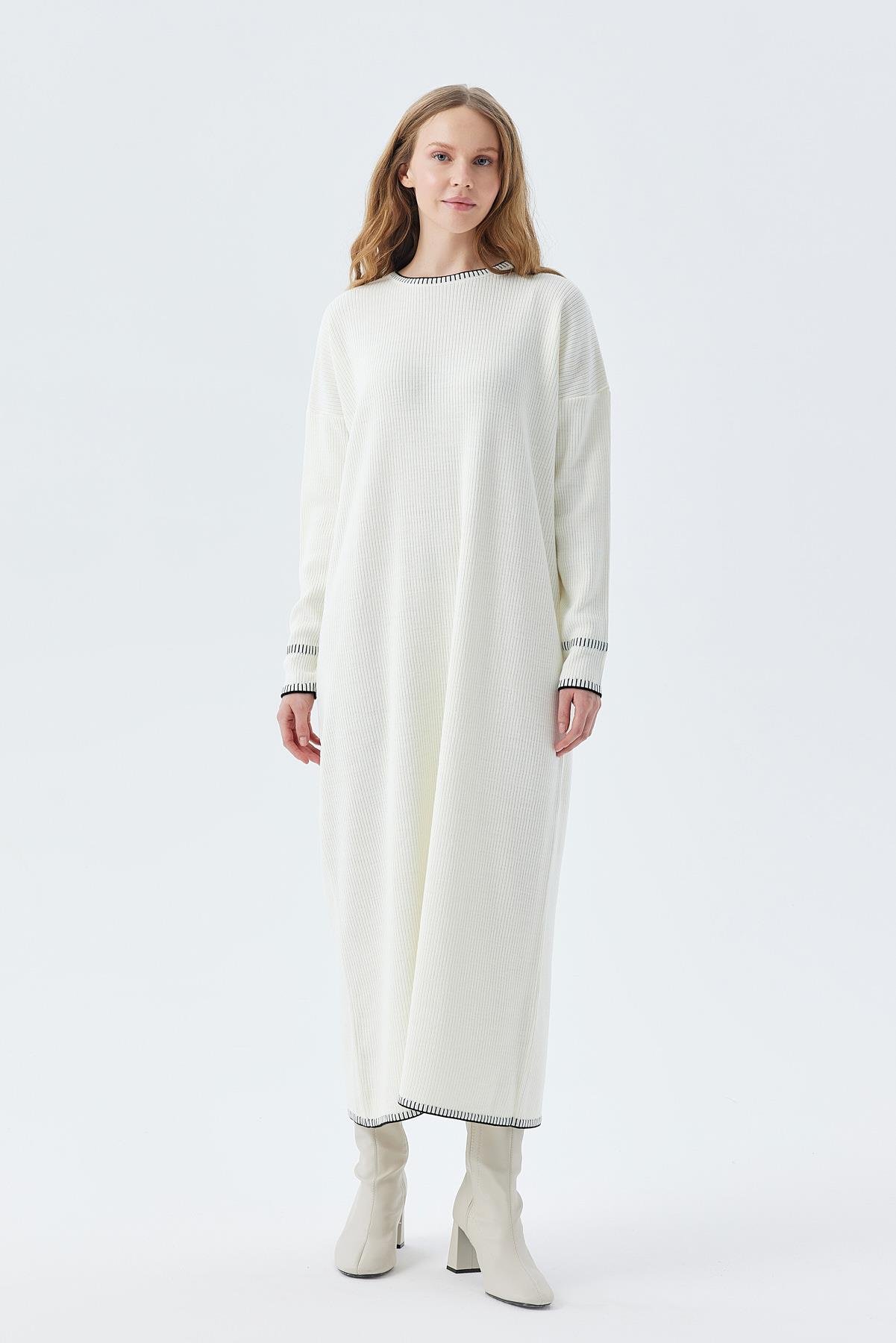 LILITH TEĞEL DETAYLI FİTİLLİ TRİKO ELBİSE - EKRU