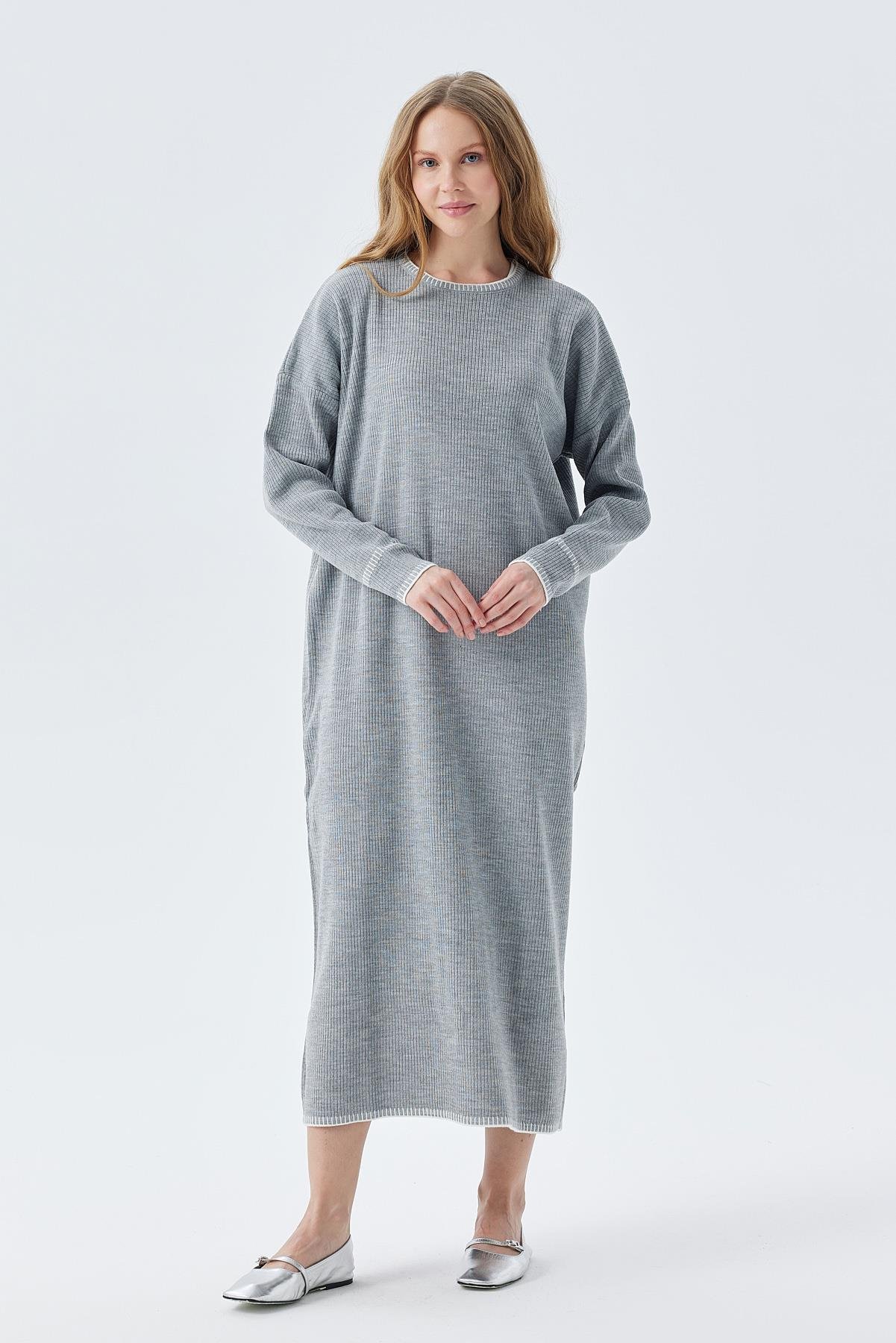 LILITH TEĞEL DETAYLI FİTİLLİ TRİKO ELBİSE - GRİ