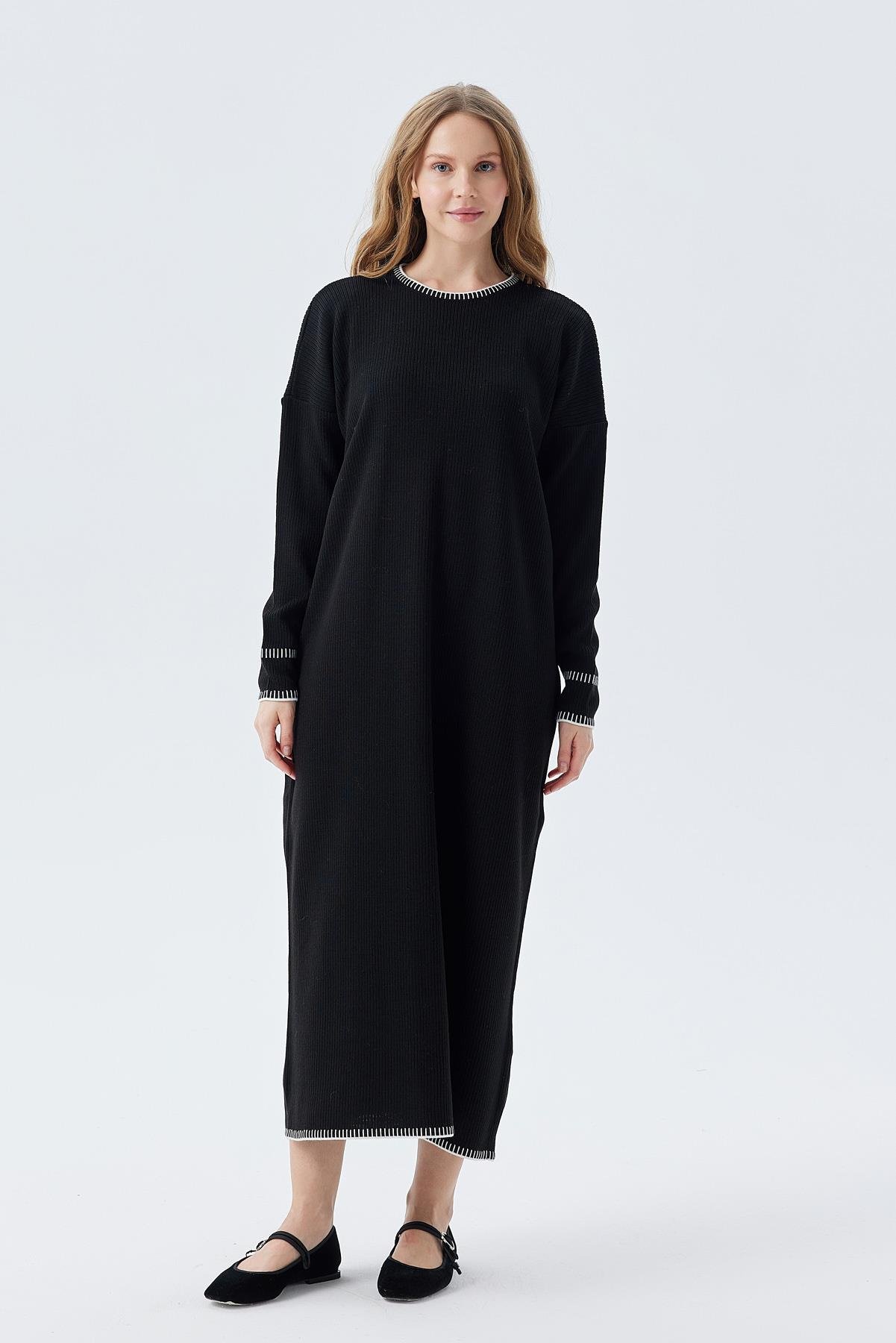 LILITH TEĞEL DETAYLI FİTİLLİ TRİKO ELBİSE - SİYAH 