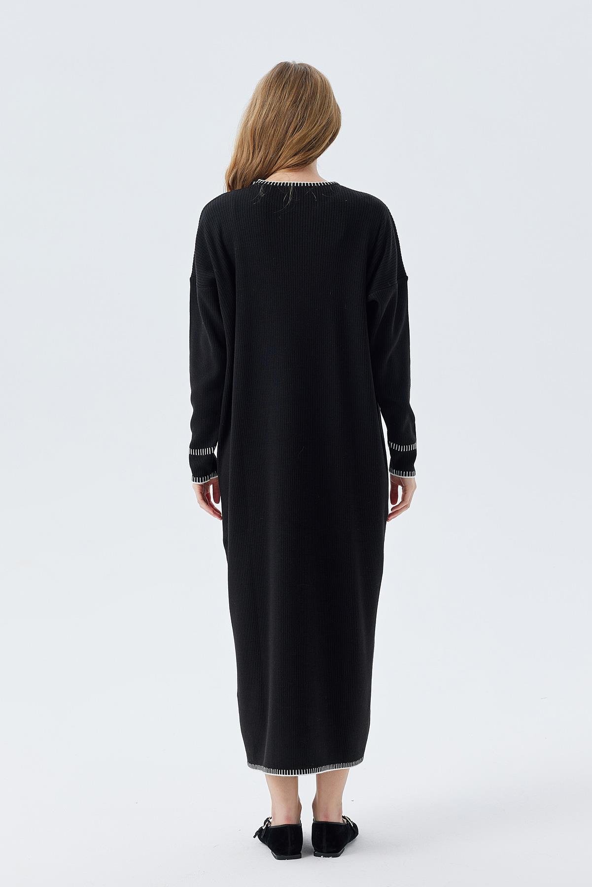 LILITH TEĞEL DETAYLI FİTİLLİ TRİKO ELBİSE - SİYAH 