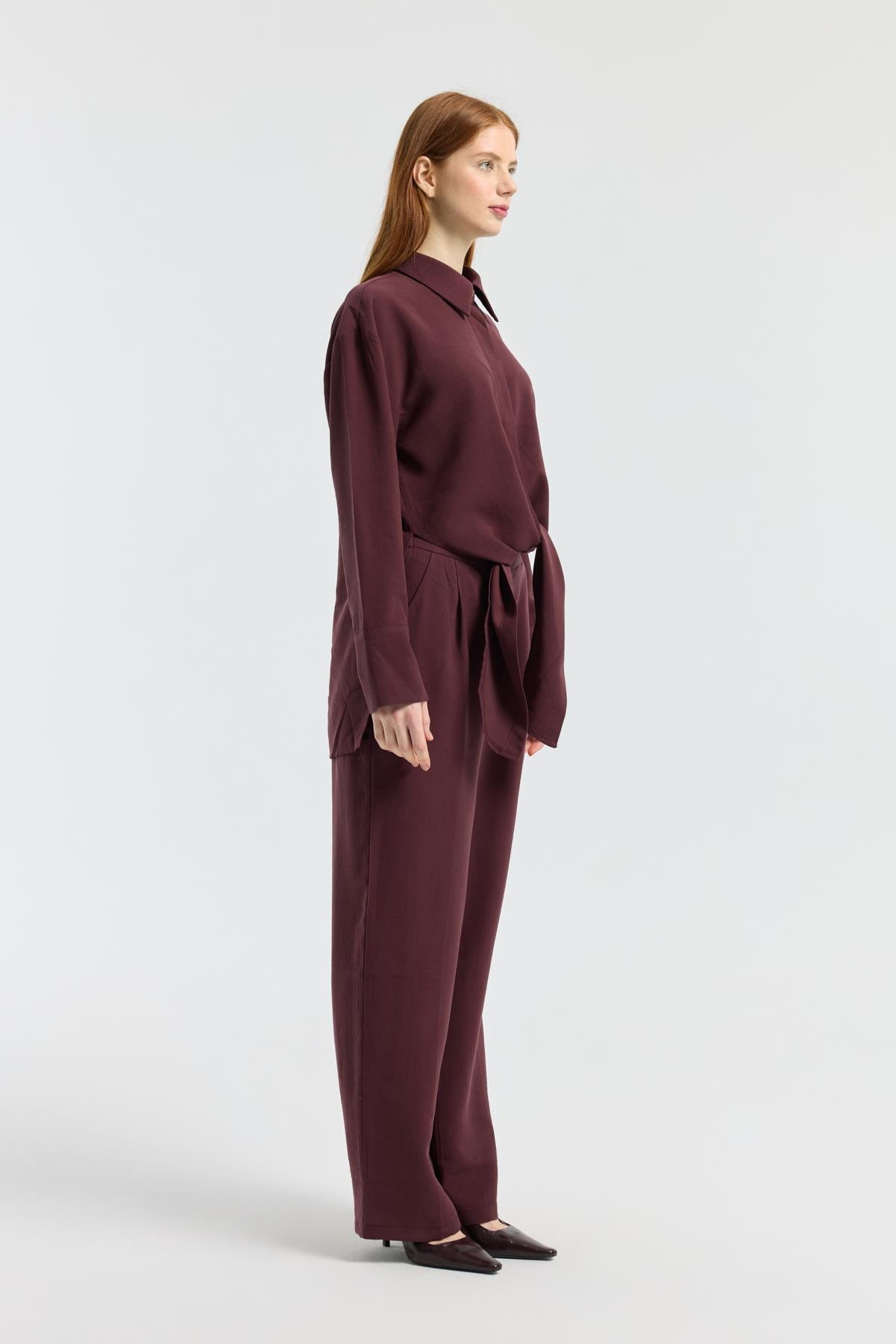 Liliya Önden Bağlamalı Pile Detaylı Takım - Bordo