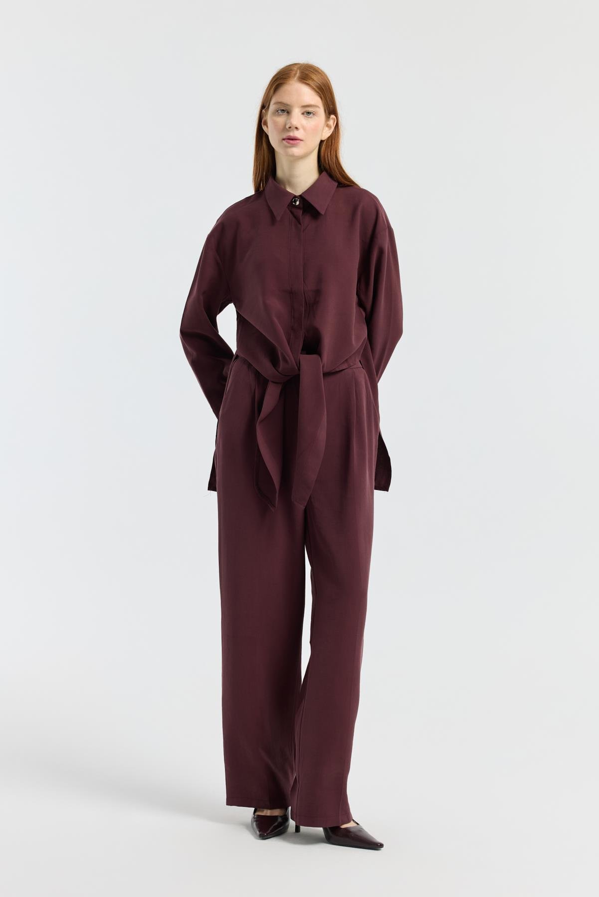 Liliya Önden Bağlamalı Pile Detaylı Takım - Bordo