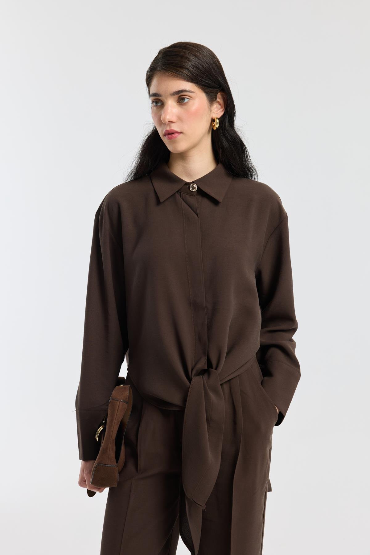 Liliya Önden Bağlamalı Pile Detaylı Takım - Kahverengi