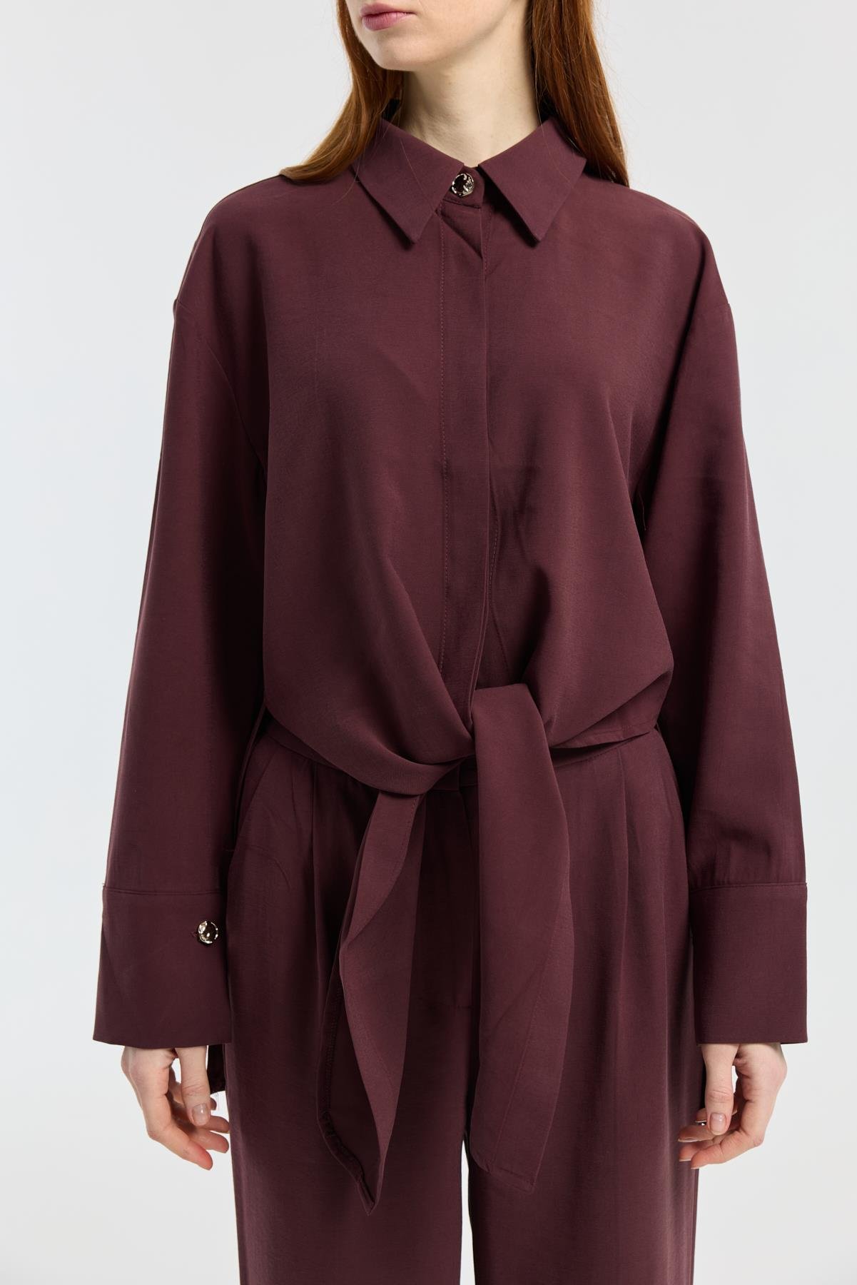 Liliya Önden Bağlamalı Pile Detaylı Takım - Bordo