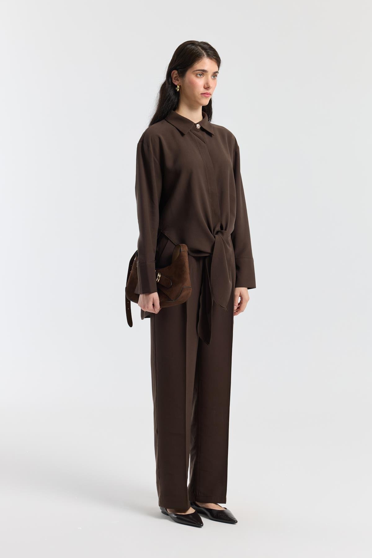 Liliya Önden Bağlamalı Pile Detaylı Takım - Kahverengi