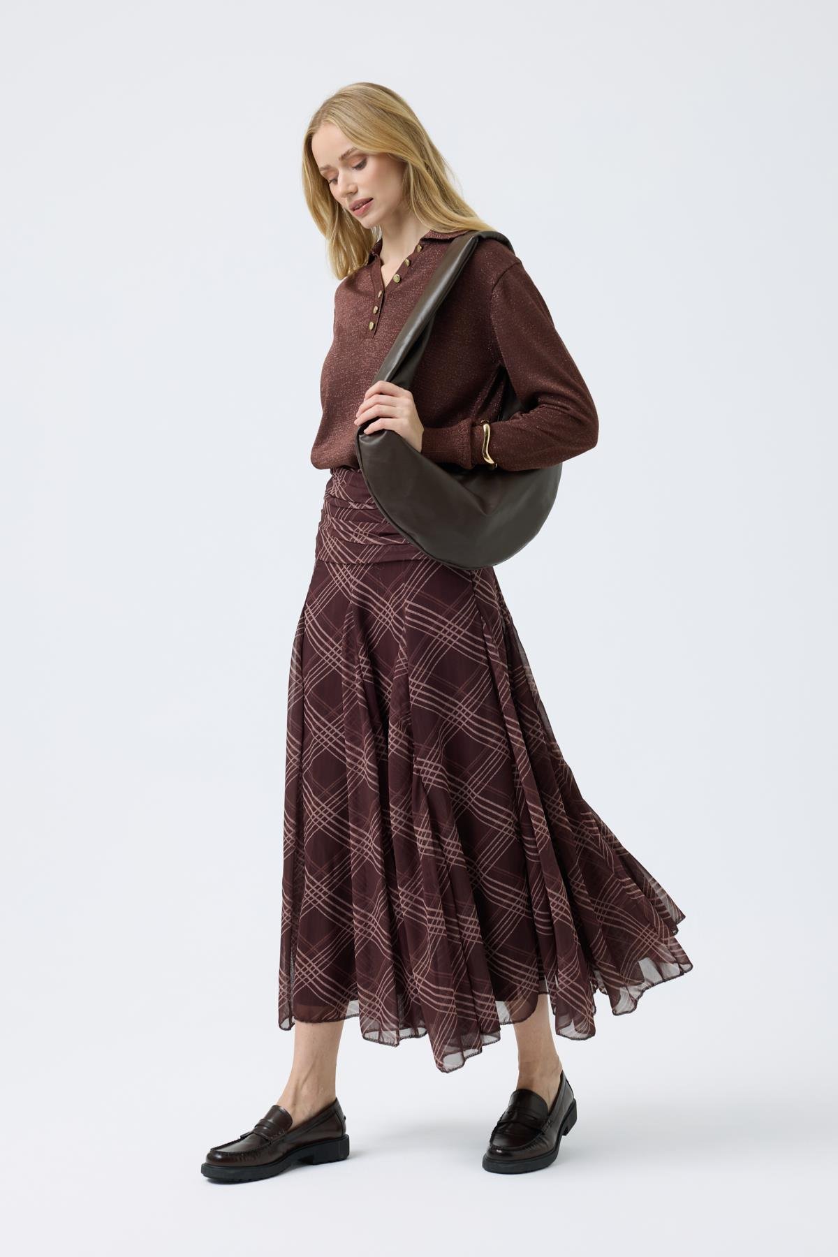 Lita Drapeli Volanlı Şifon Etek  - Kahve 