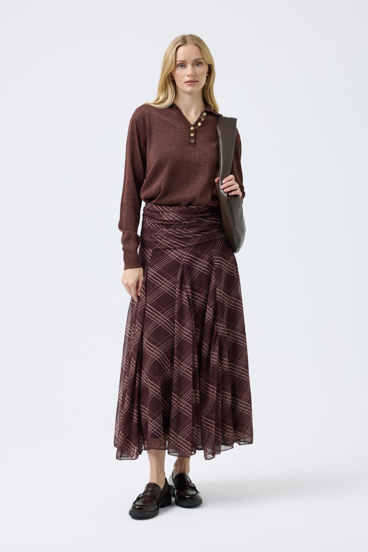 Lita Drapeli Volanlı Şifon Etek  - Kahve 