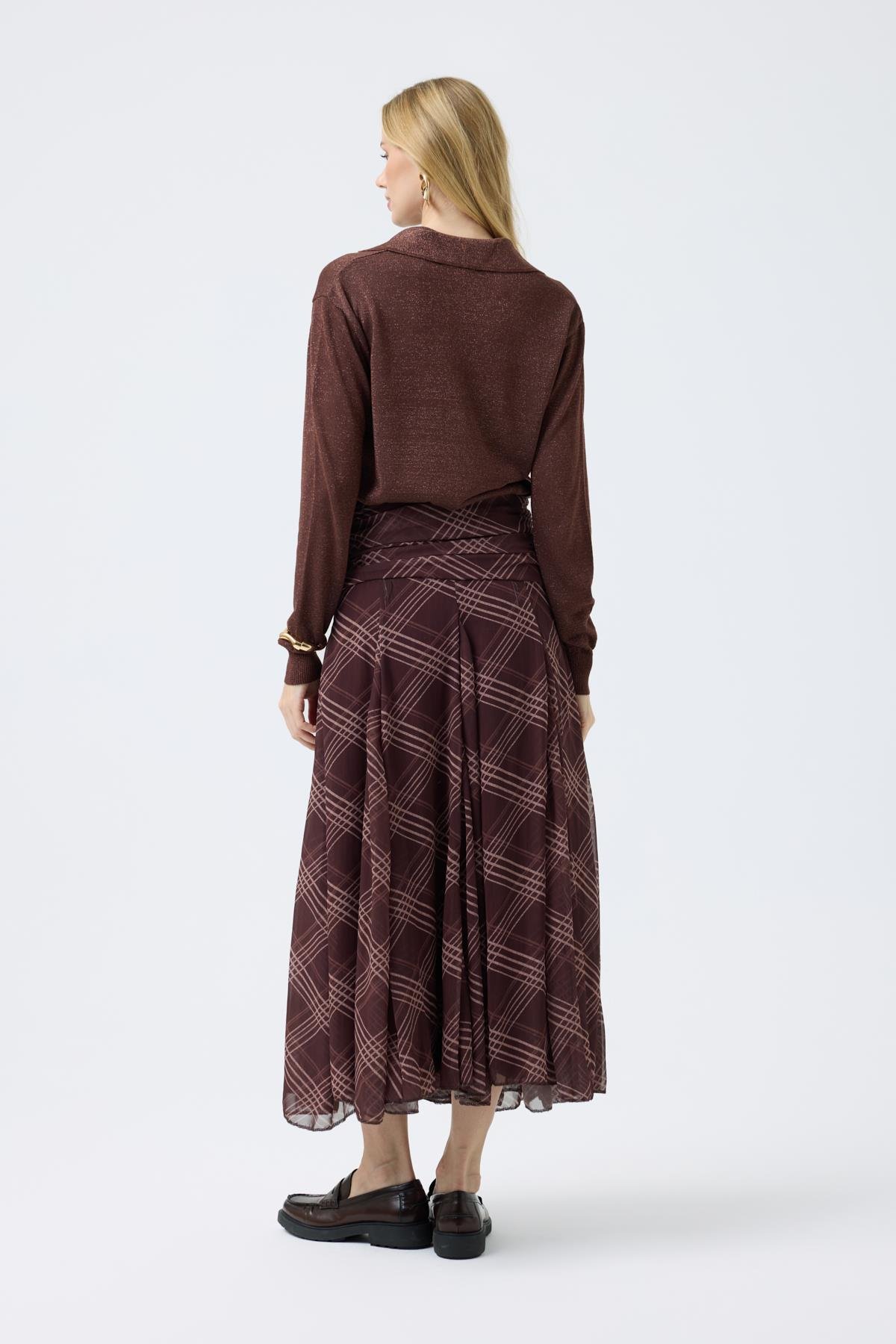 Lita Drapeli Volanlı Şifon Etek  - Kahve 