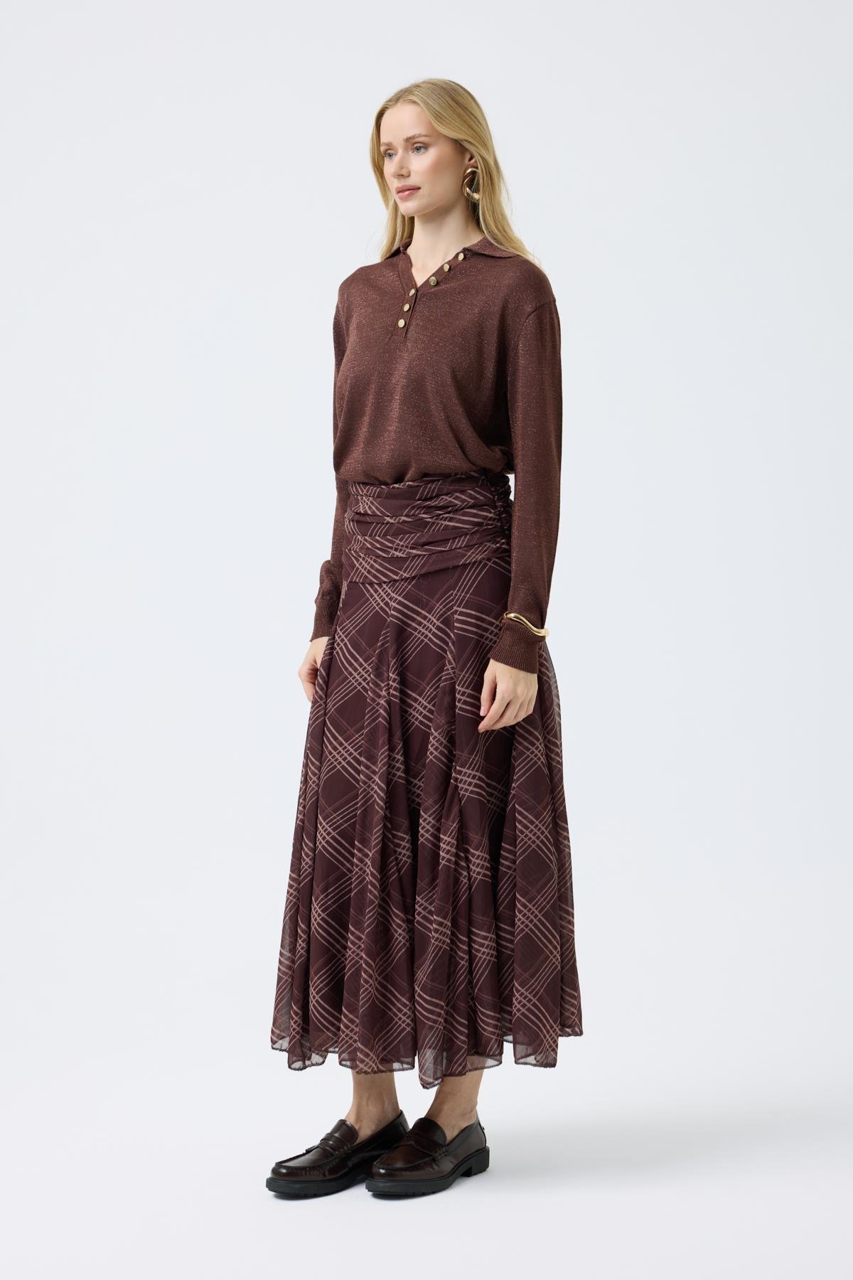 Lita Drapeli Volanlı Şifon Etek  - Kahve 