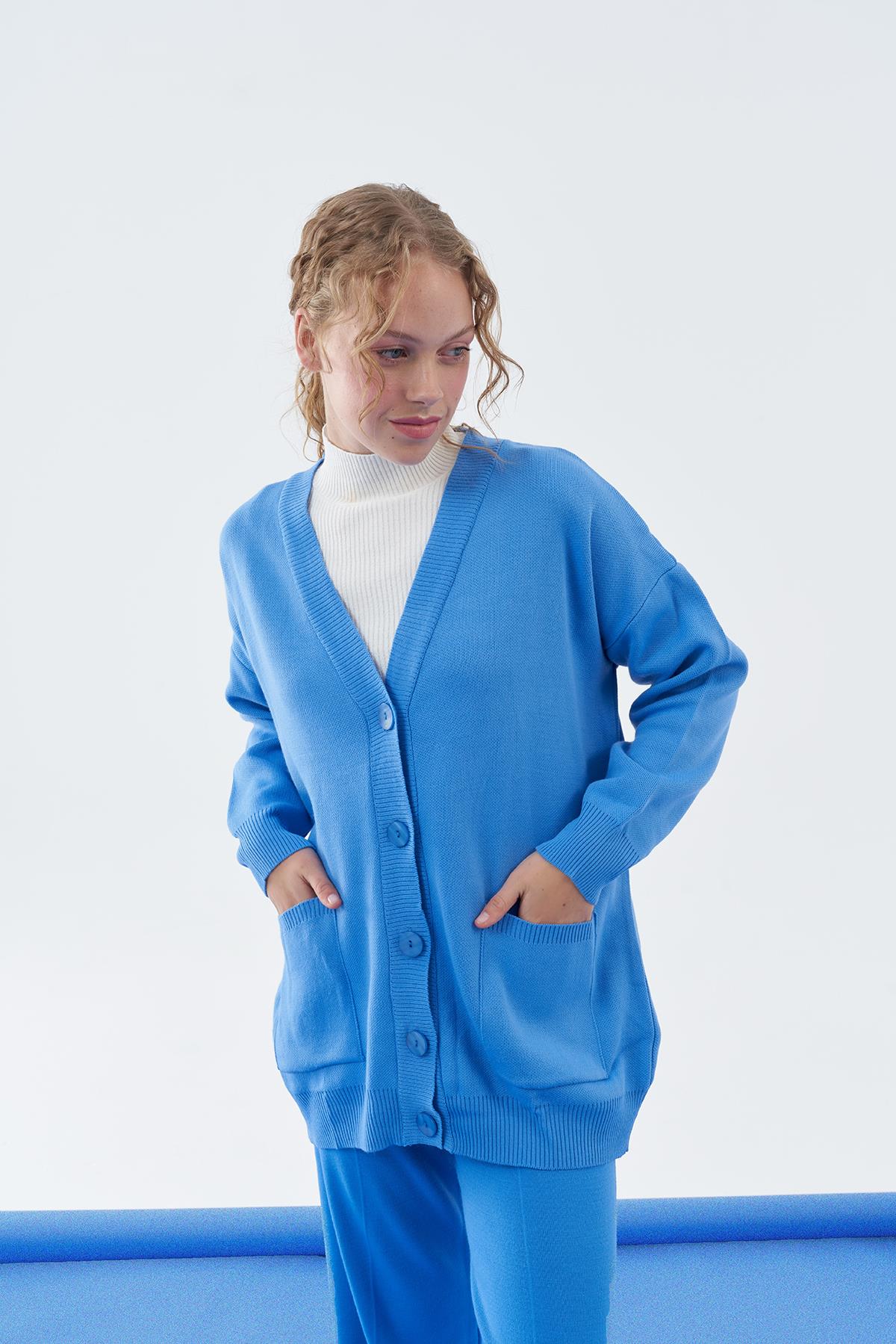 Liya Önden Yırtmaçlı Triko Pantolon - Mavi