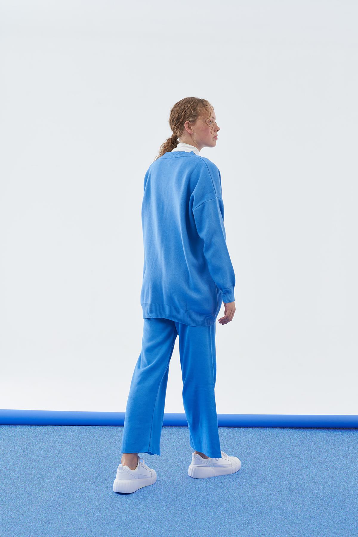 Liya Önden Yırtmaçlı Triko Pantolon - Mavi