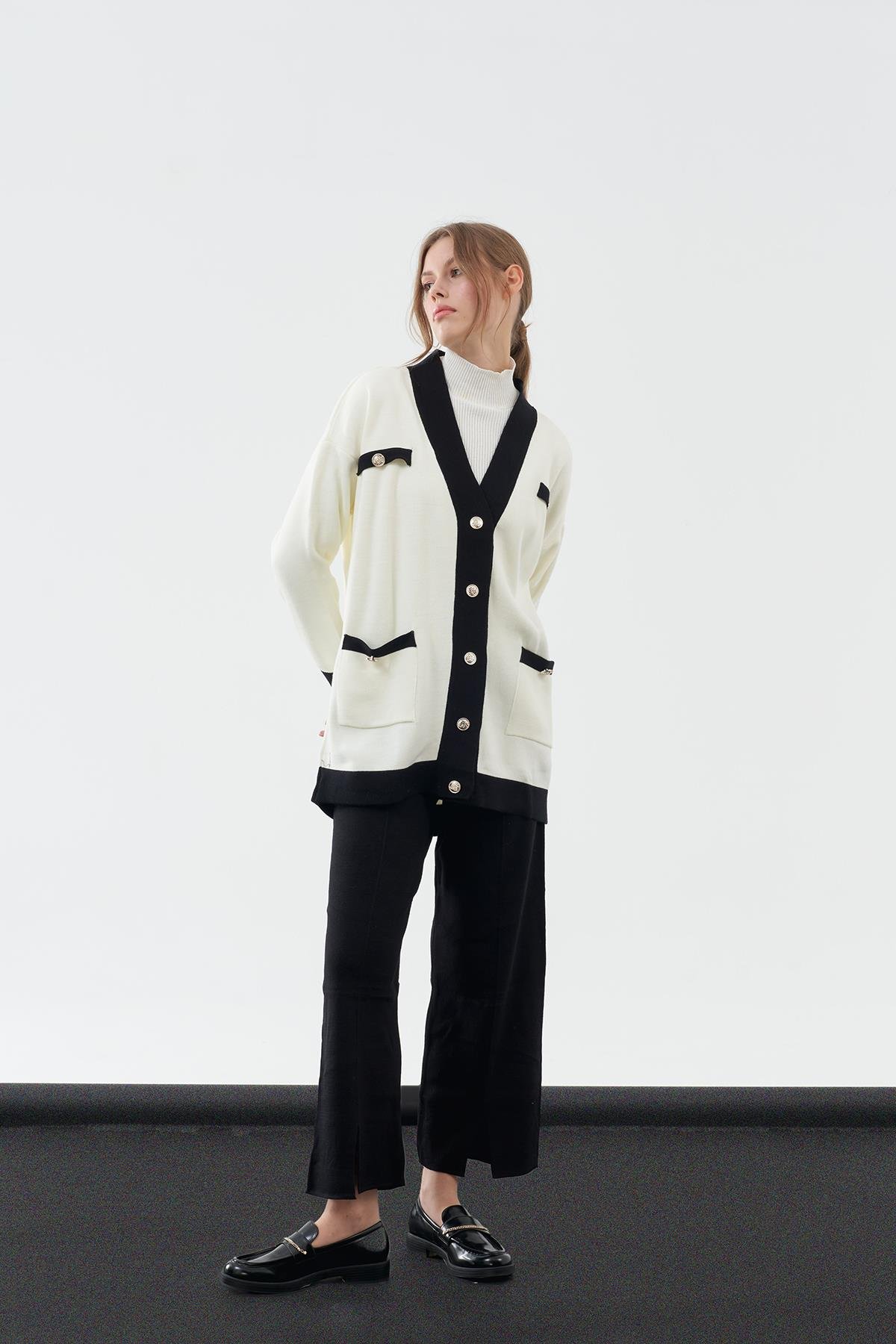 Liya Önden Yırtmaçlı Triko Pantolon - Siyah