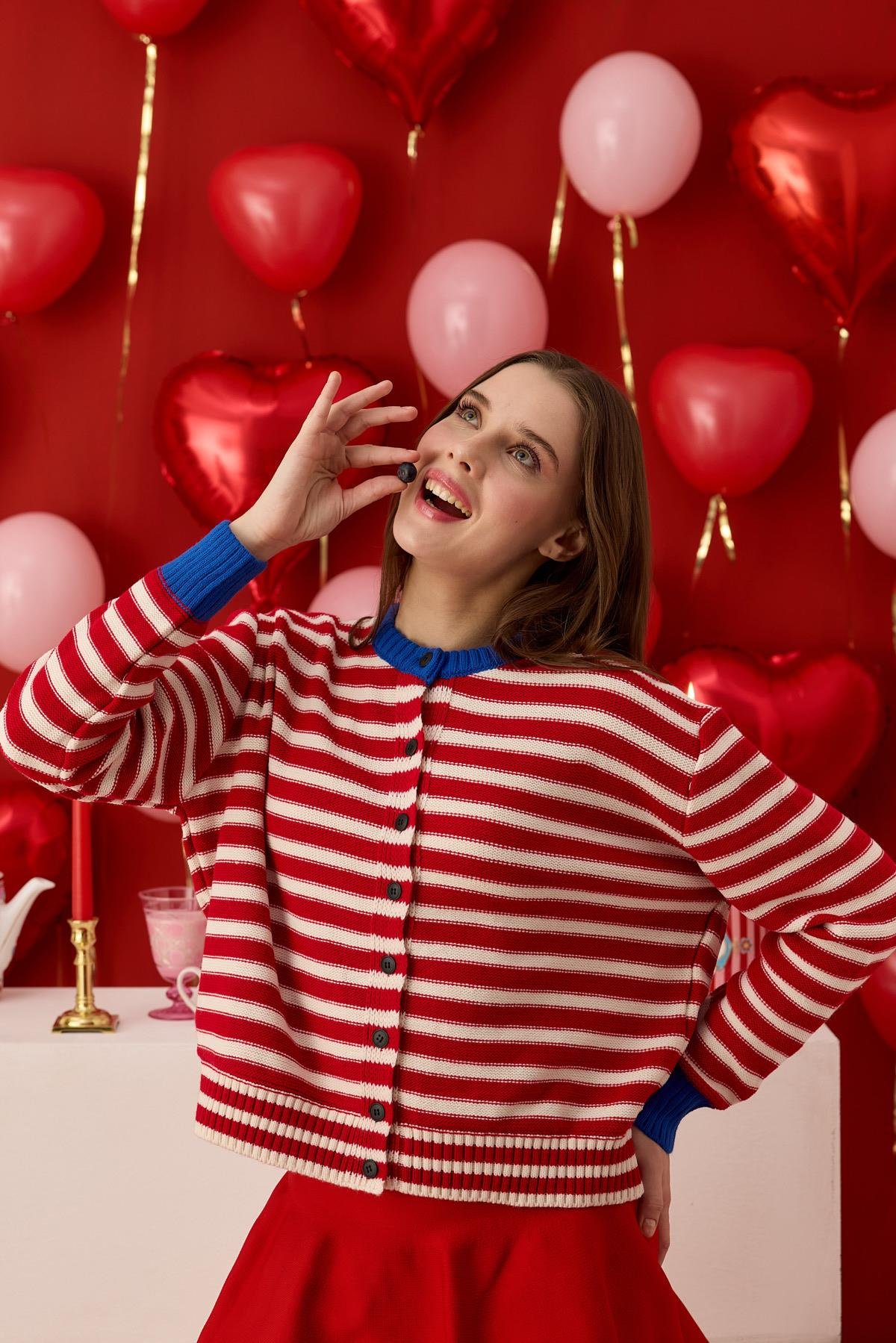 Lotus Kontrast Geçişli Hırka- Kırmızı