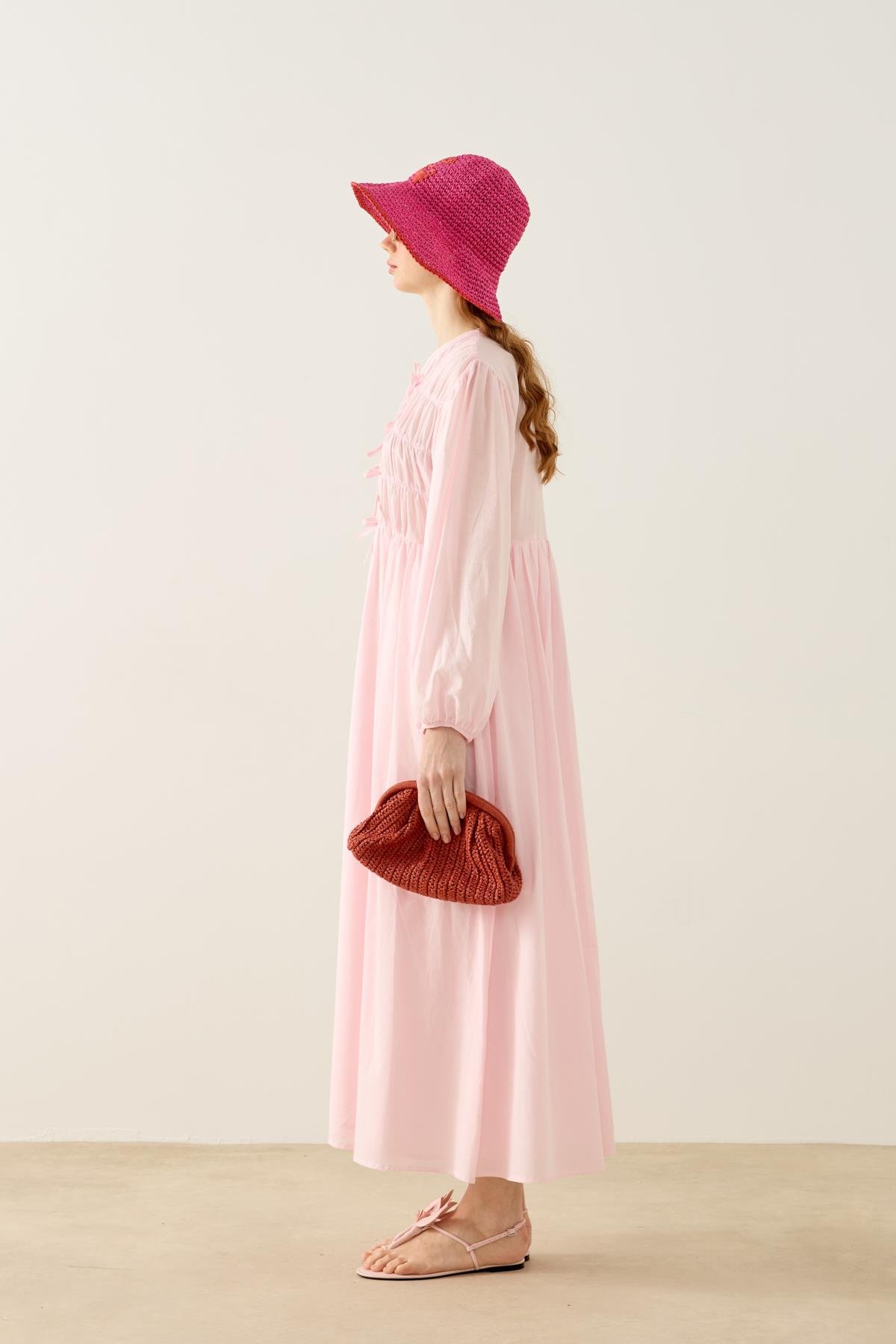 Lucianna Fiyonklu Büzgülü Vual Elbise - Pembe