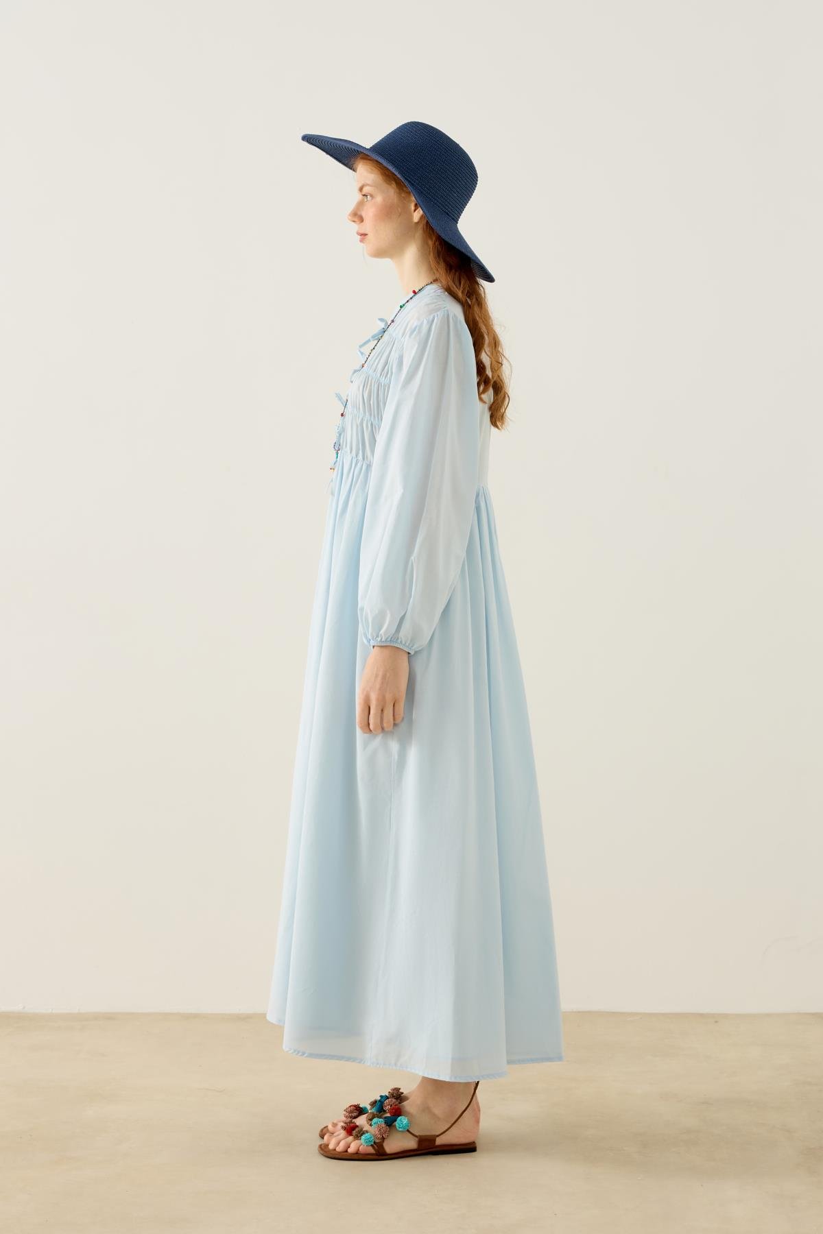 Lucianna Fiyonklu Büzgülü Vual Elbise - Mavi