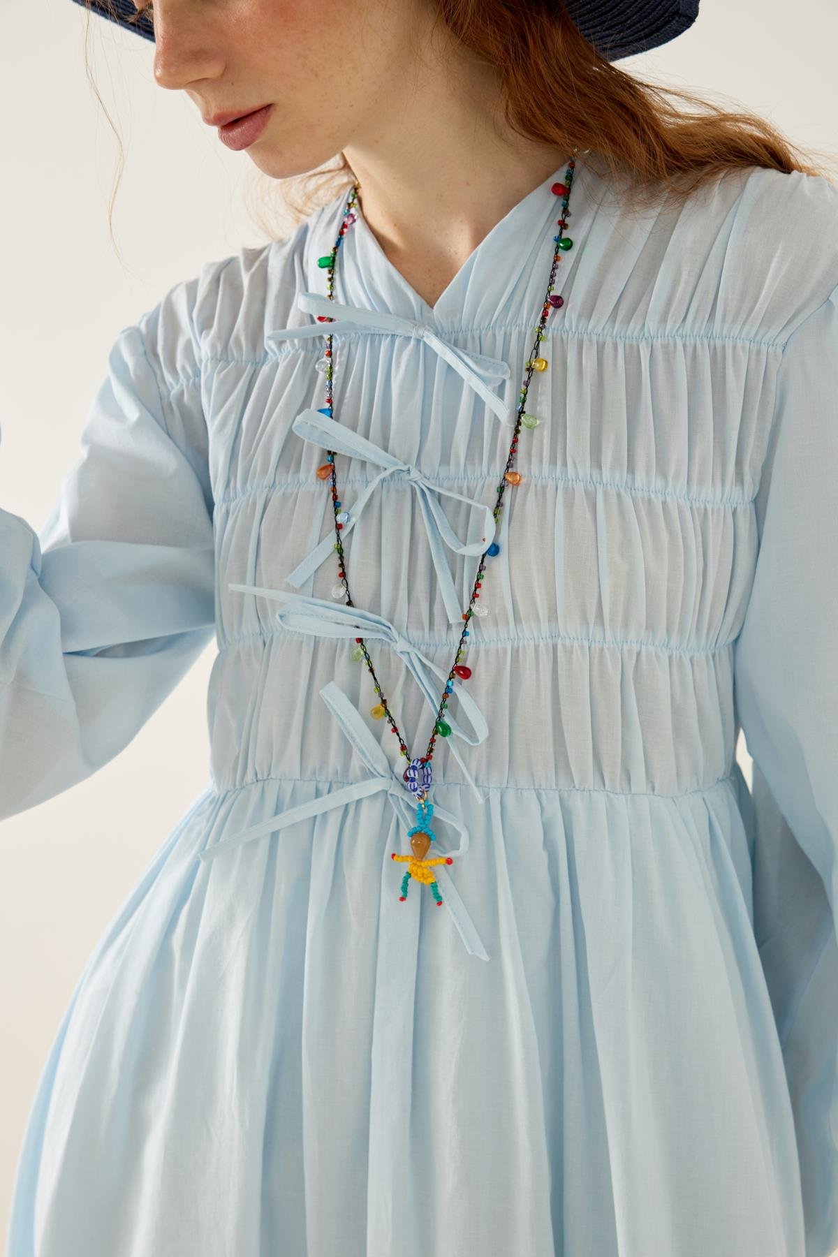 Lucianna Fiyonklu Büzgülü Vual Elbise - Mavi