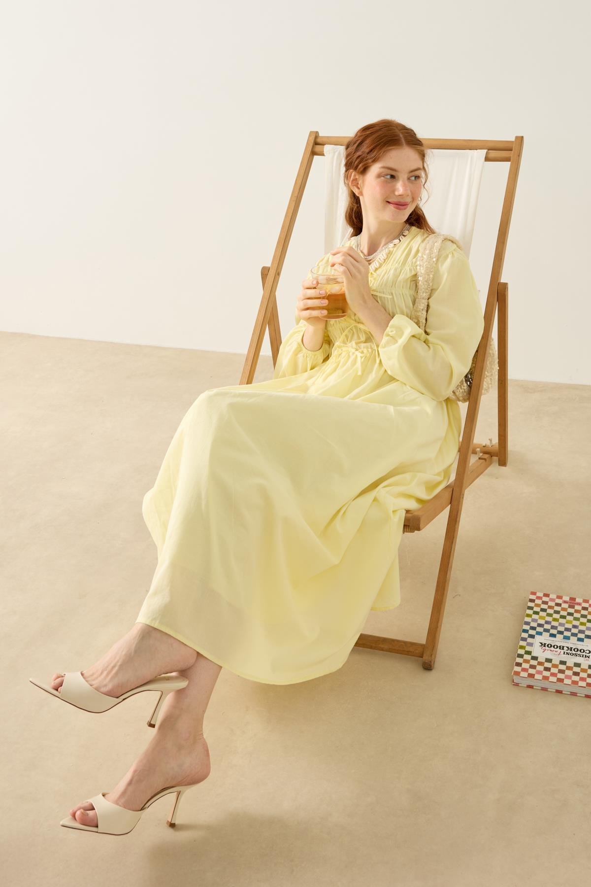 Lucianna Fiyonklu Büzgülü Vual Elbise - Limon Sarı