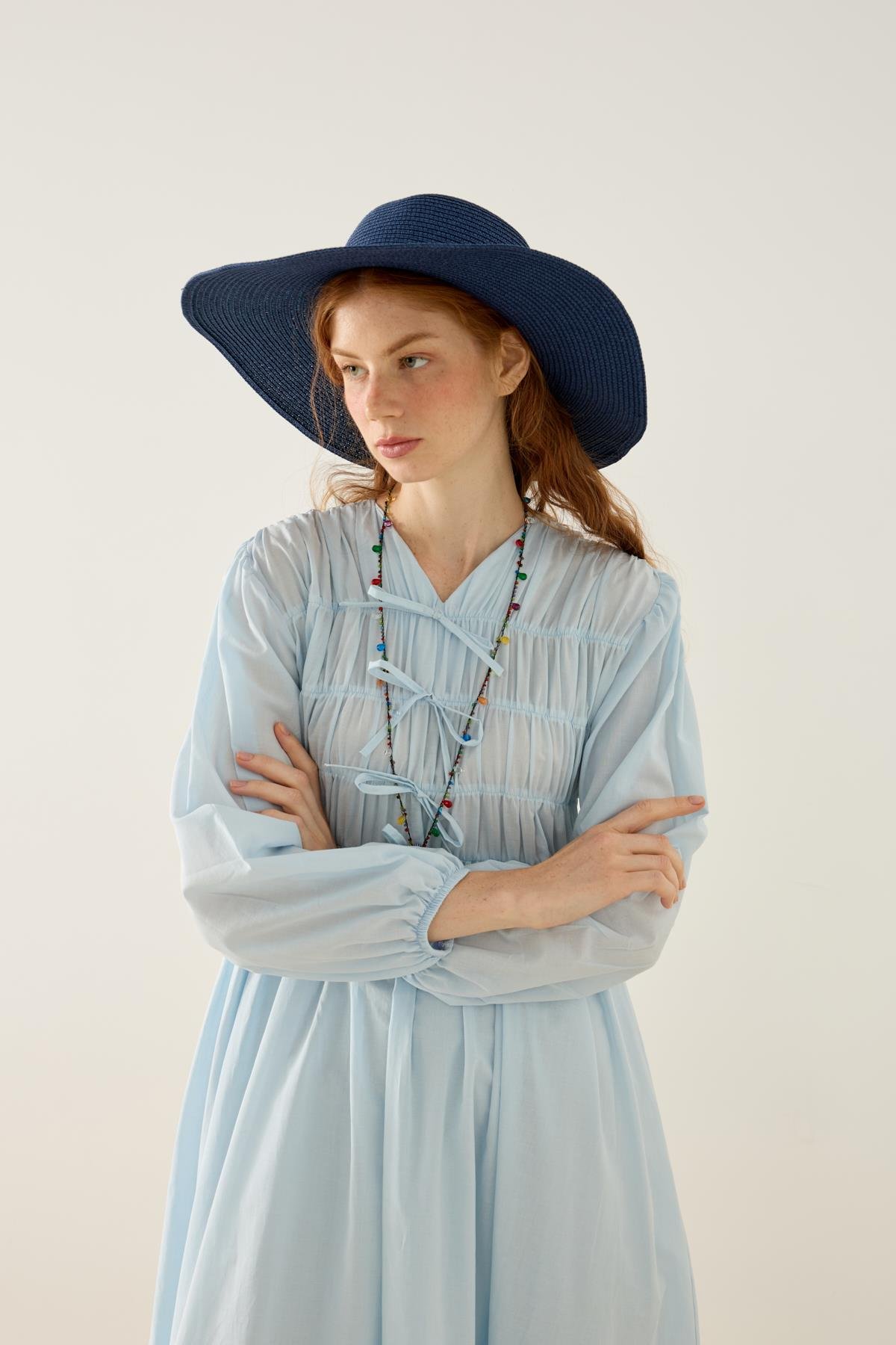 Lucianna Fiyonklu Büzgülü Vual Elbise - Mavi