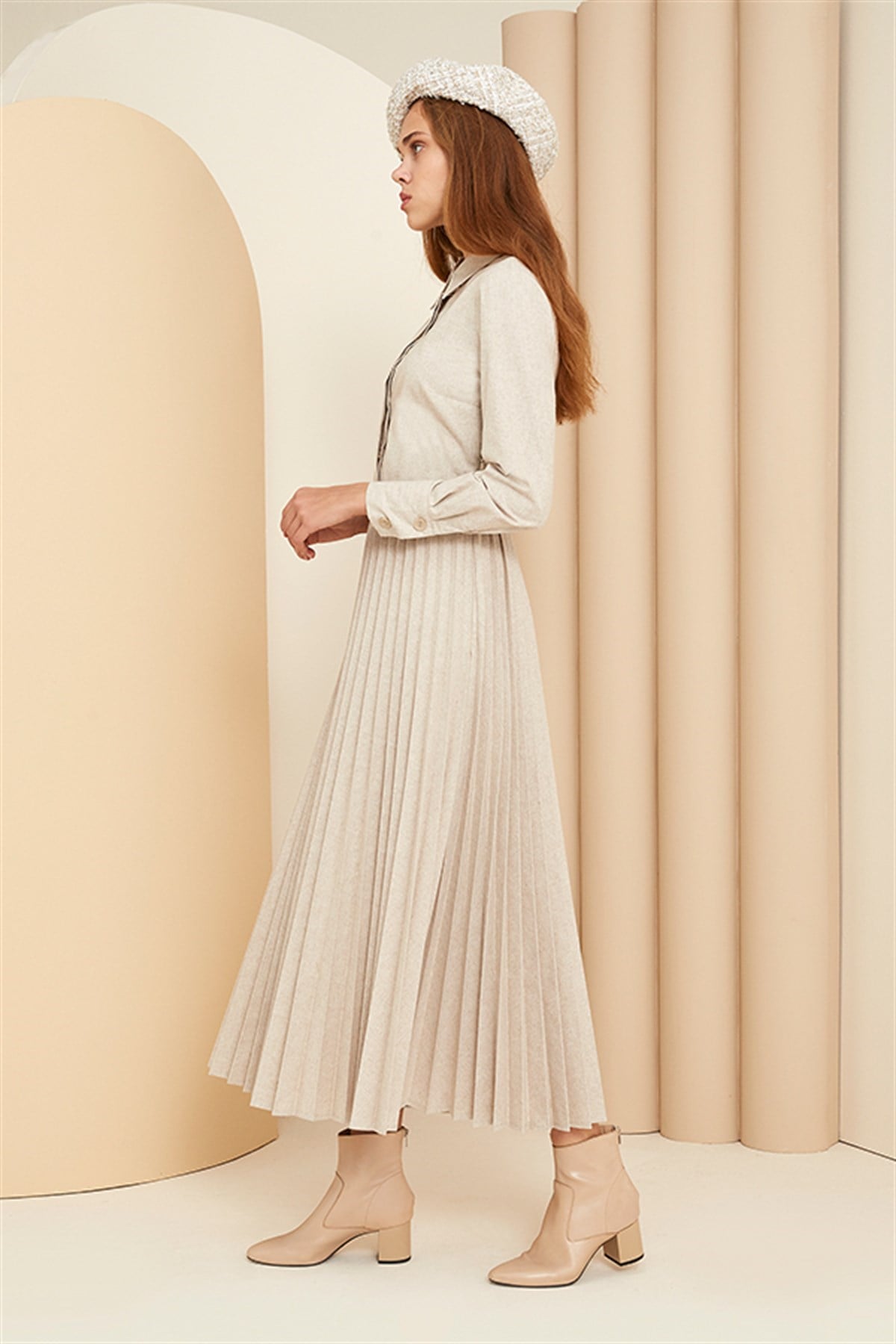 Luna Plisole Elbise - Bej