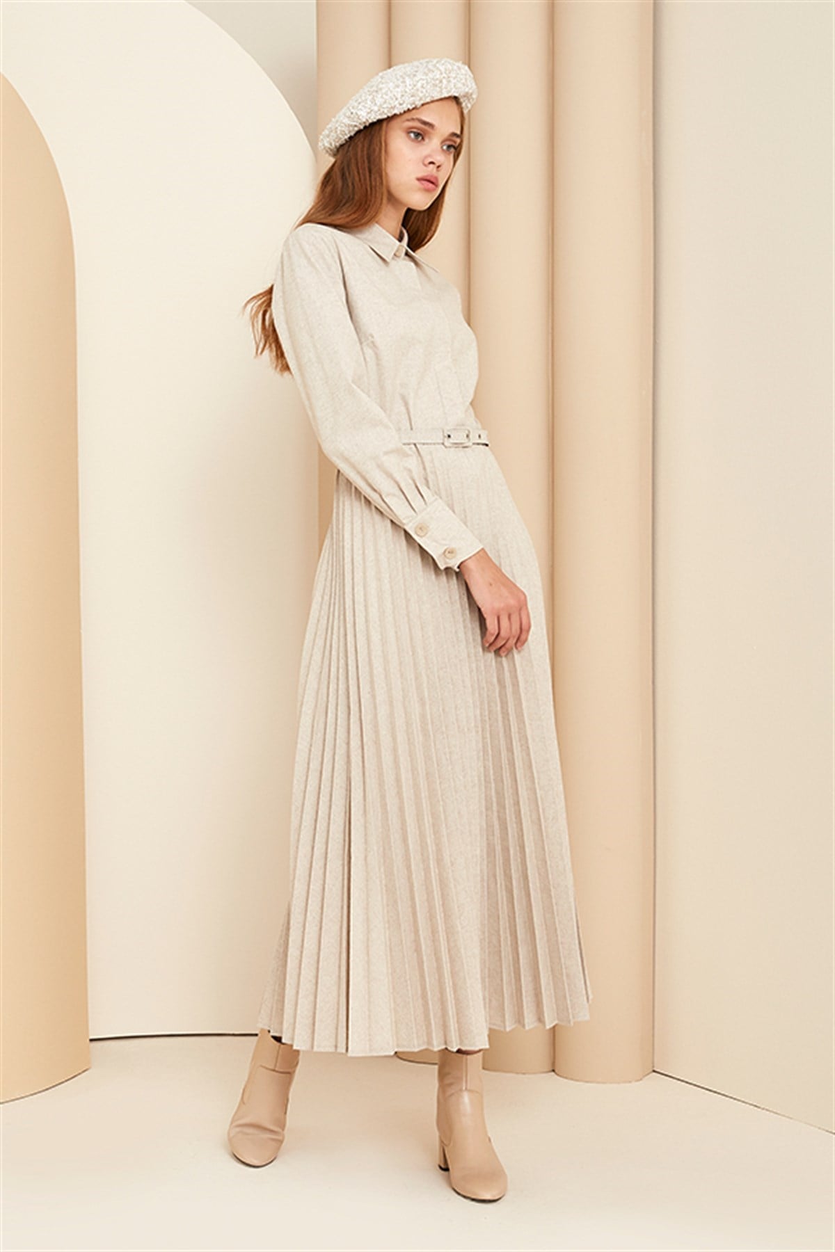Luna Plisole Elbise - Bej