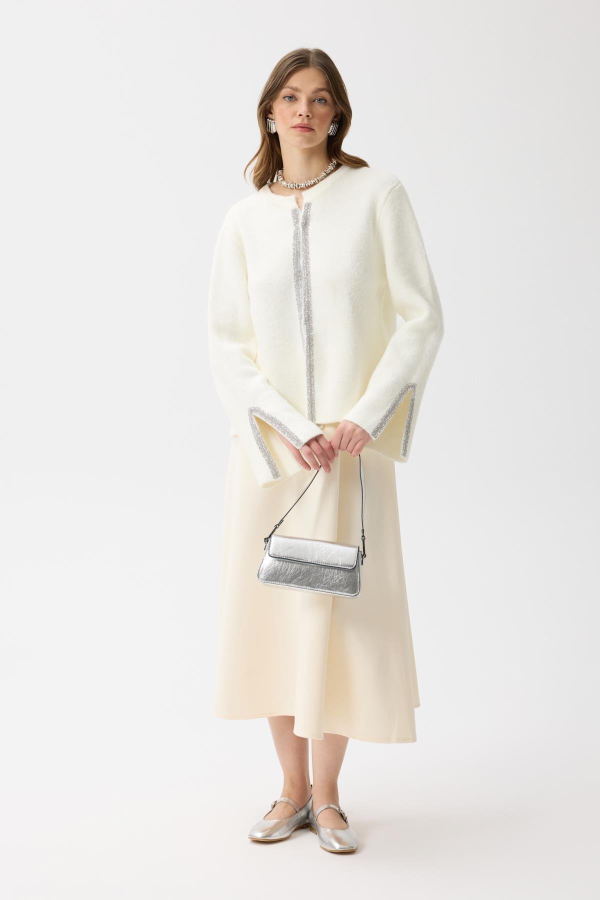 Madelyn Taş İşlemeli Hırka - Ekru