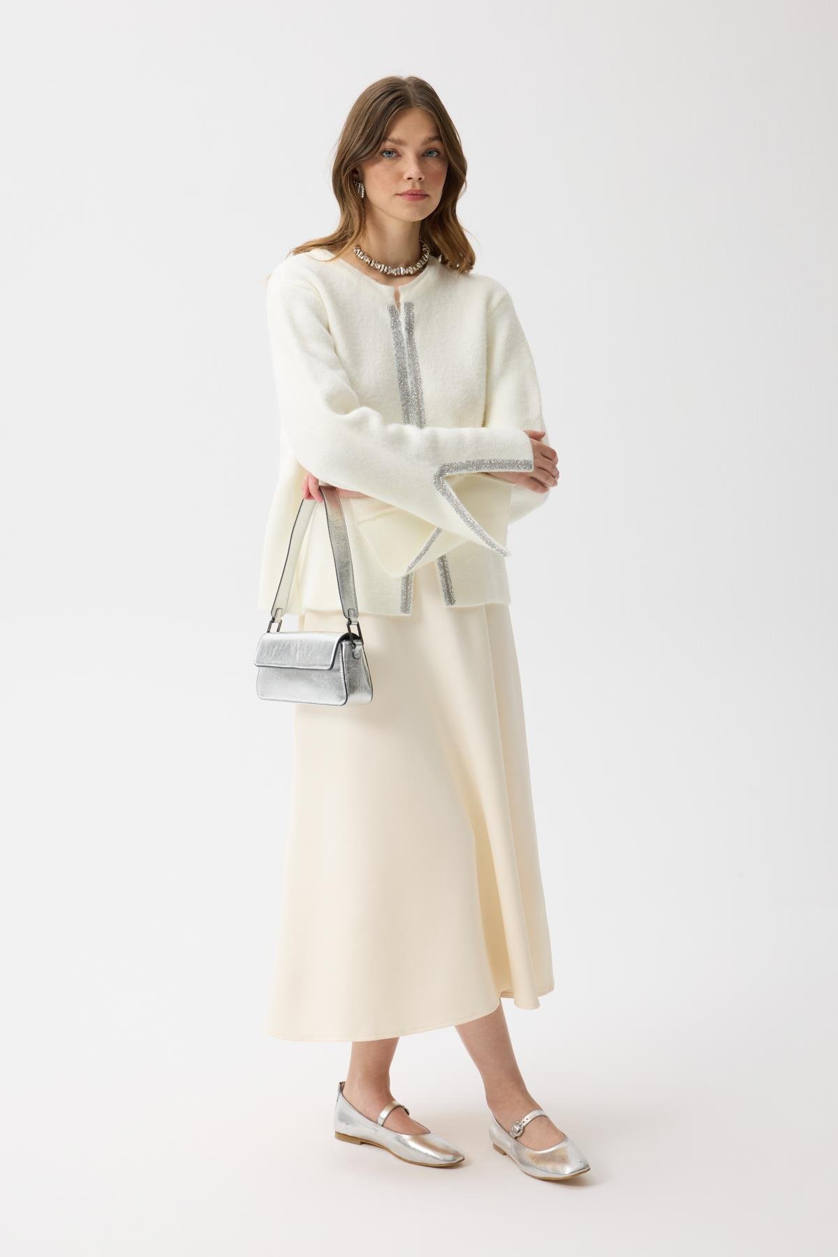 Madelyn Taş İşlemeli Hırka - Ekru