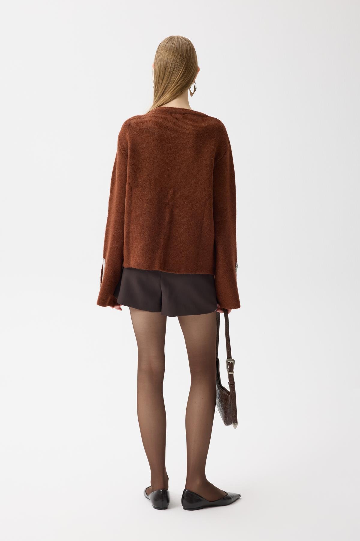 Madelyn Taş İşlemeli Hırka - Kahverengi 