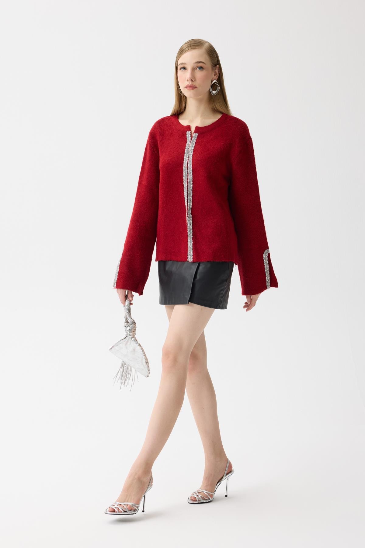 Madelyn Taş İşlemeli Hırka - Kırmızı