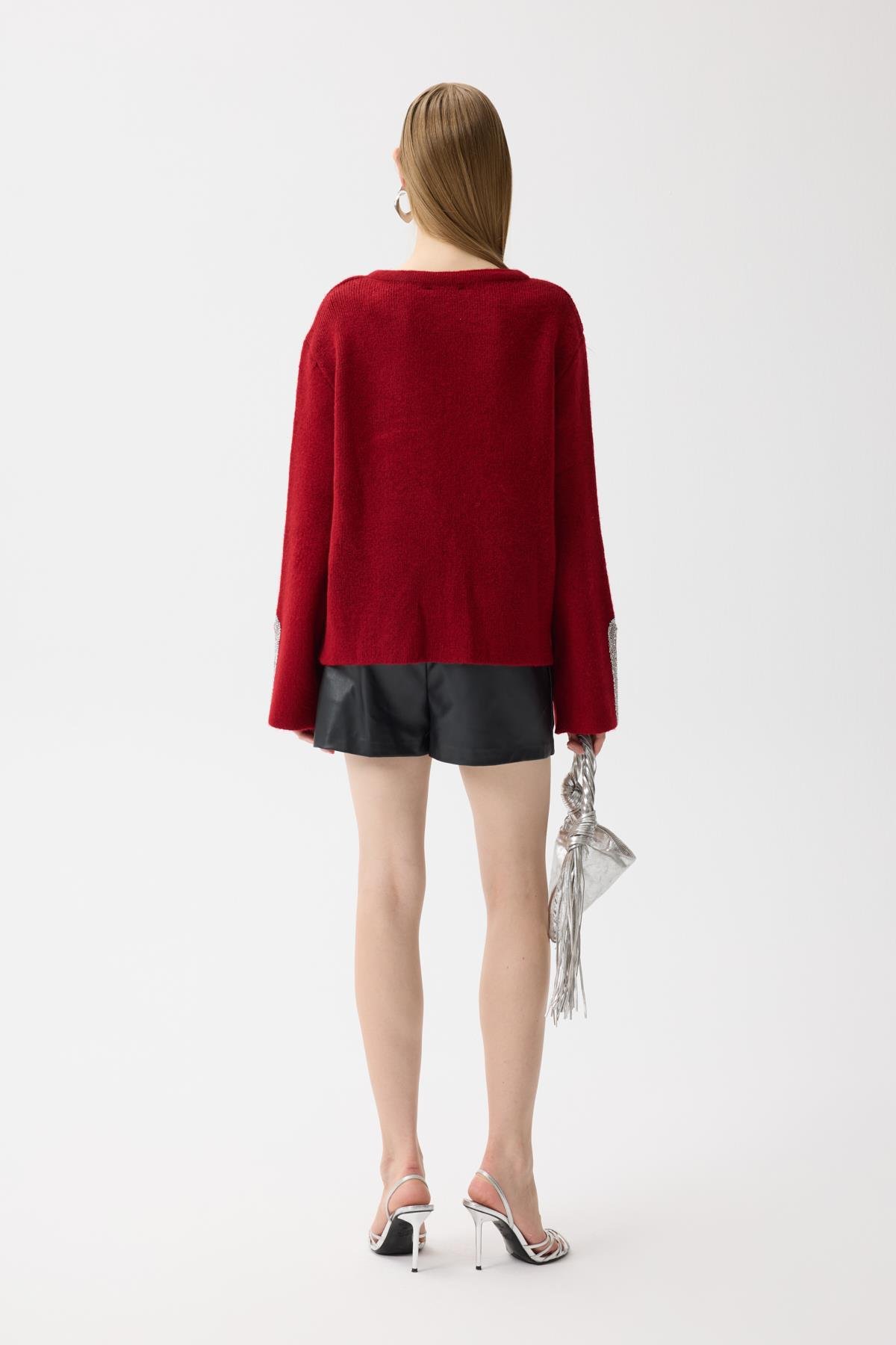 Madelyn Taş İşlemeli Hırka - Kırmızı