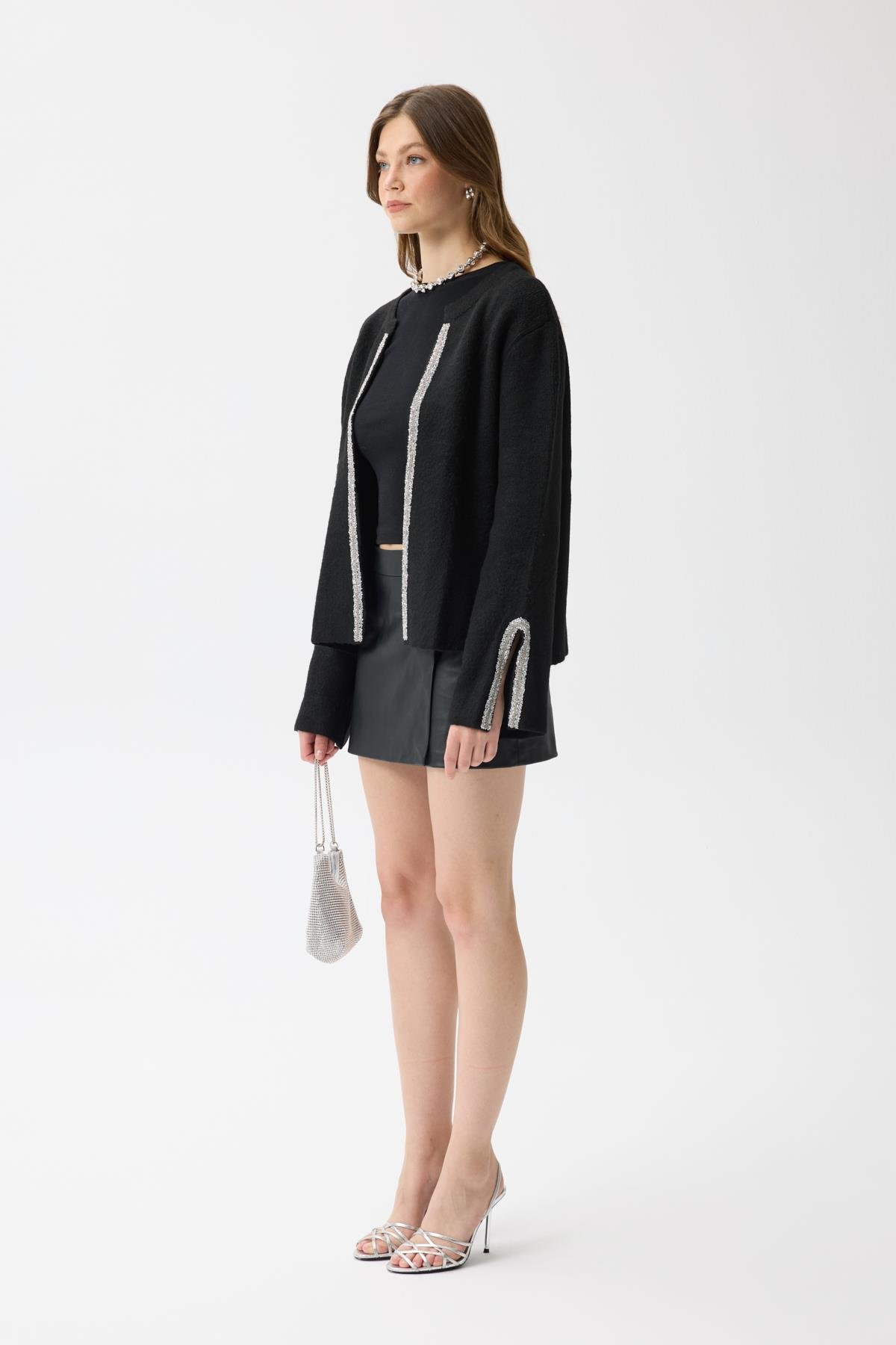 Madelyn Taş İşlemeli Hırka - Siyah 