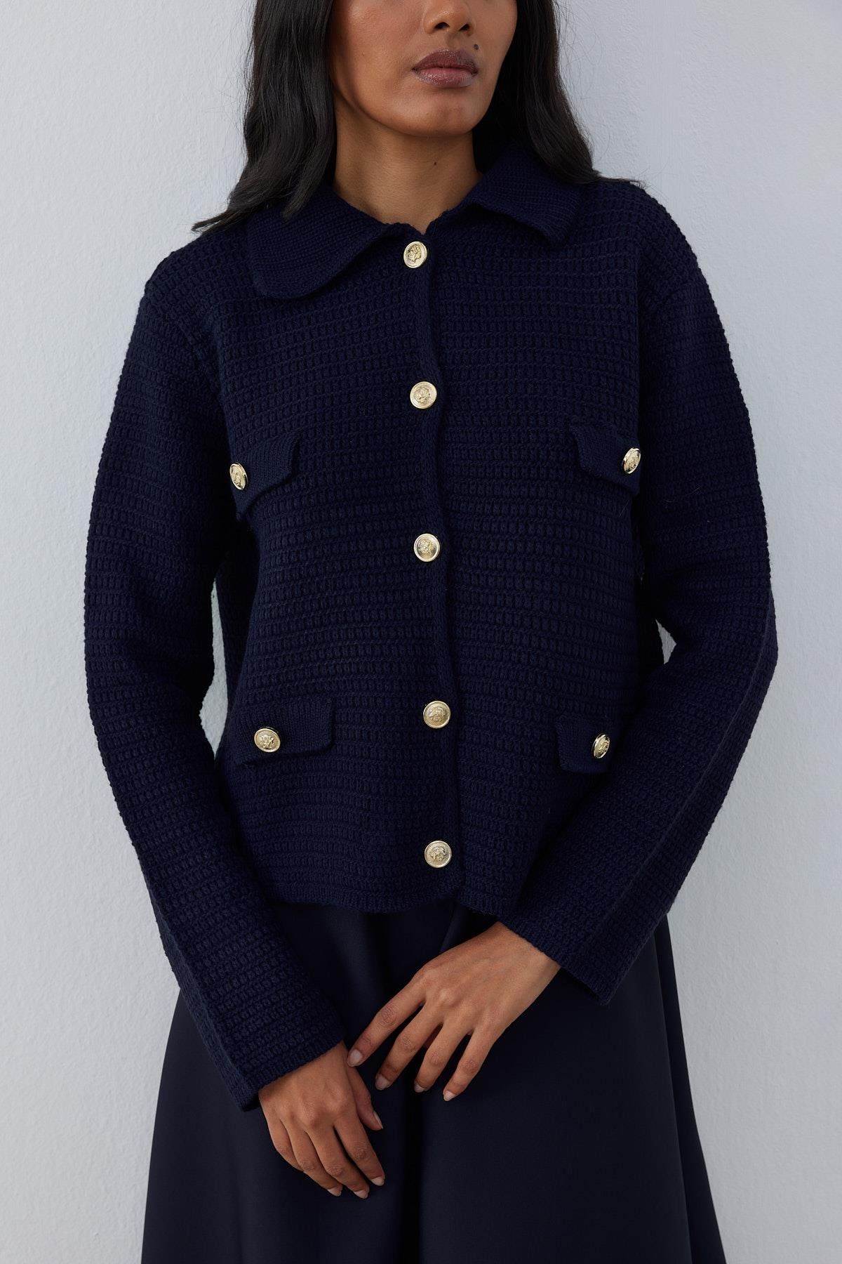 Maisie Gold Düğmeli Örgü Hırka - Lacivert 