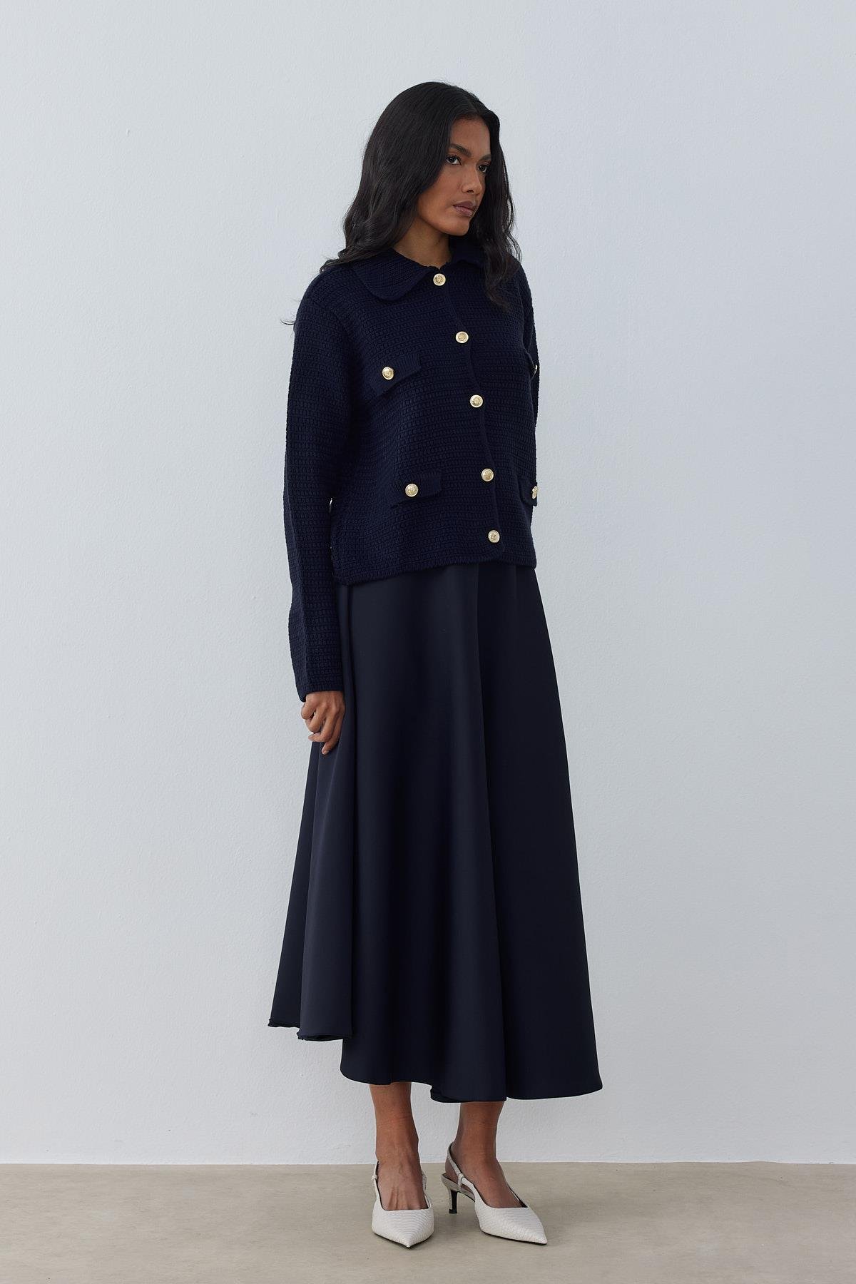 Maisie Gold Düğmeli Örgü Hırka - Lacivert 