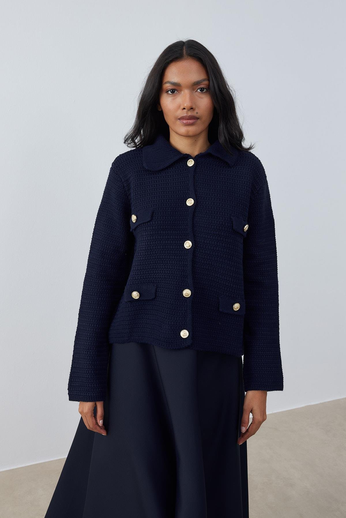 Maisie Gold Düğmeli Örgü Hırka - Lacivert 