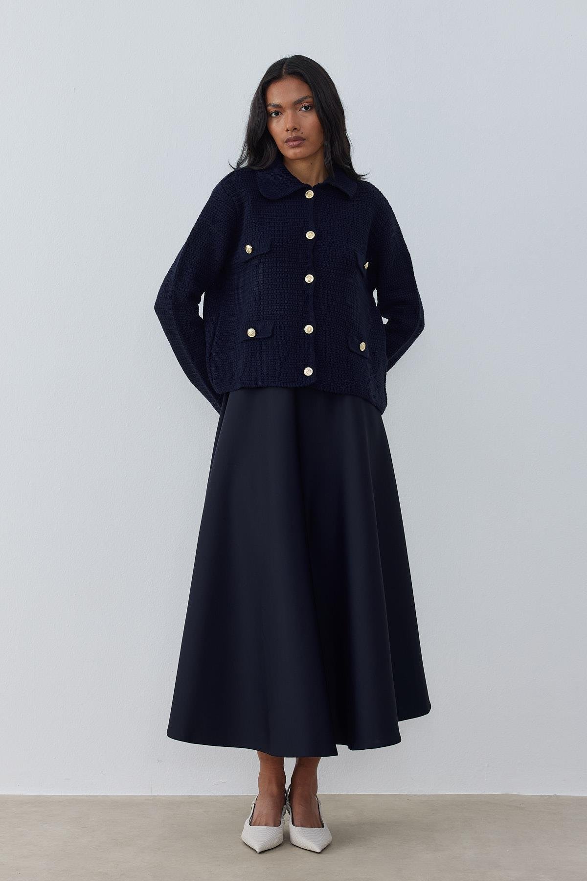 Maisie Gold Düğmeli Örgü Hırka - Lacivert 