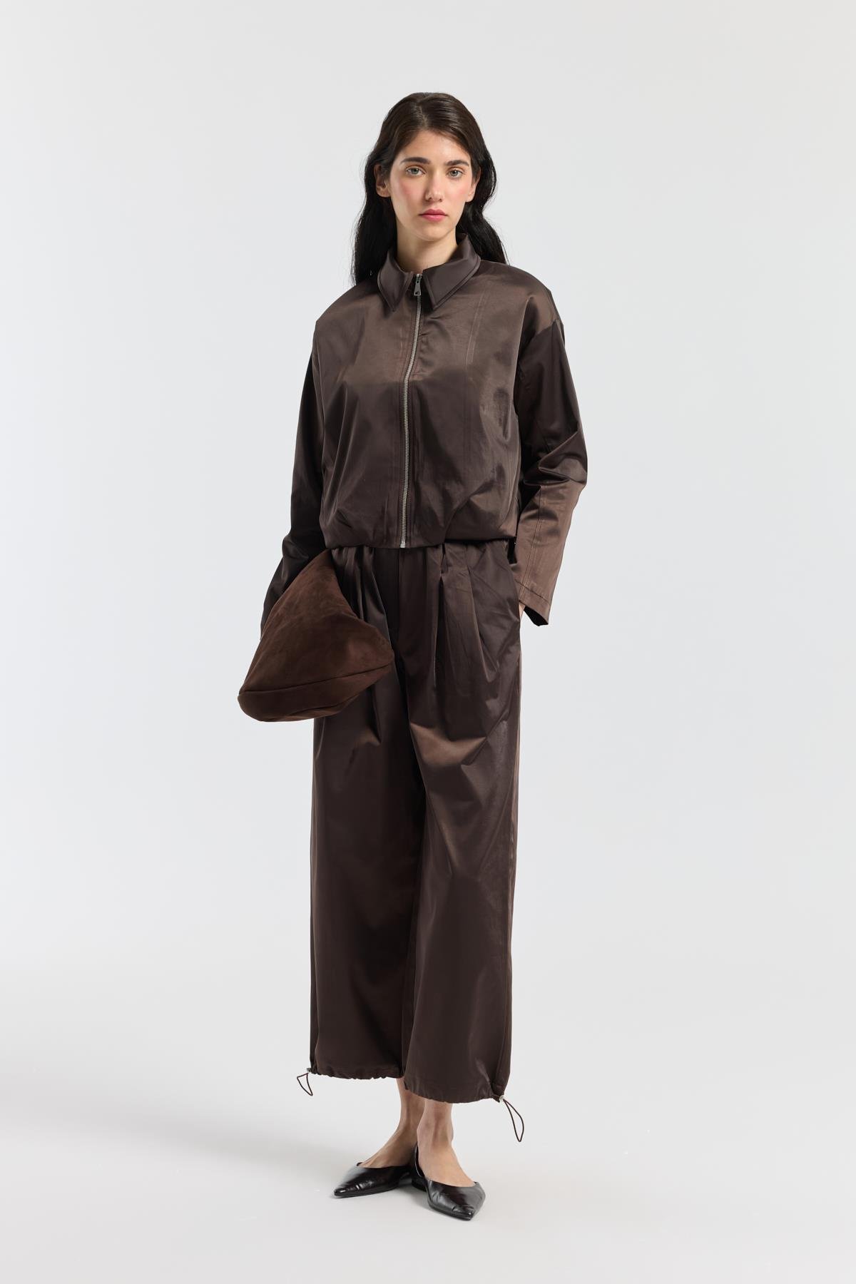 Marcelia  D Tokalı Pilili Saten Pantolon -  Acı kahve