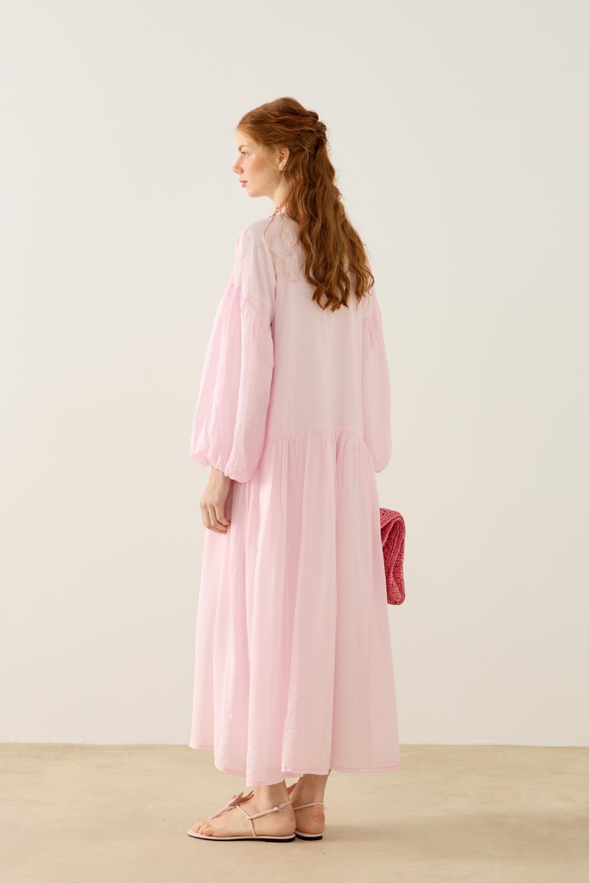 Margaret Robalı Balon Kol Elbise  - Pembe