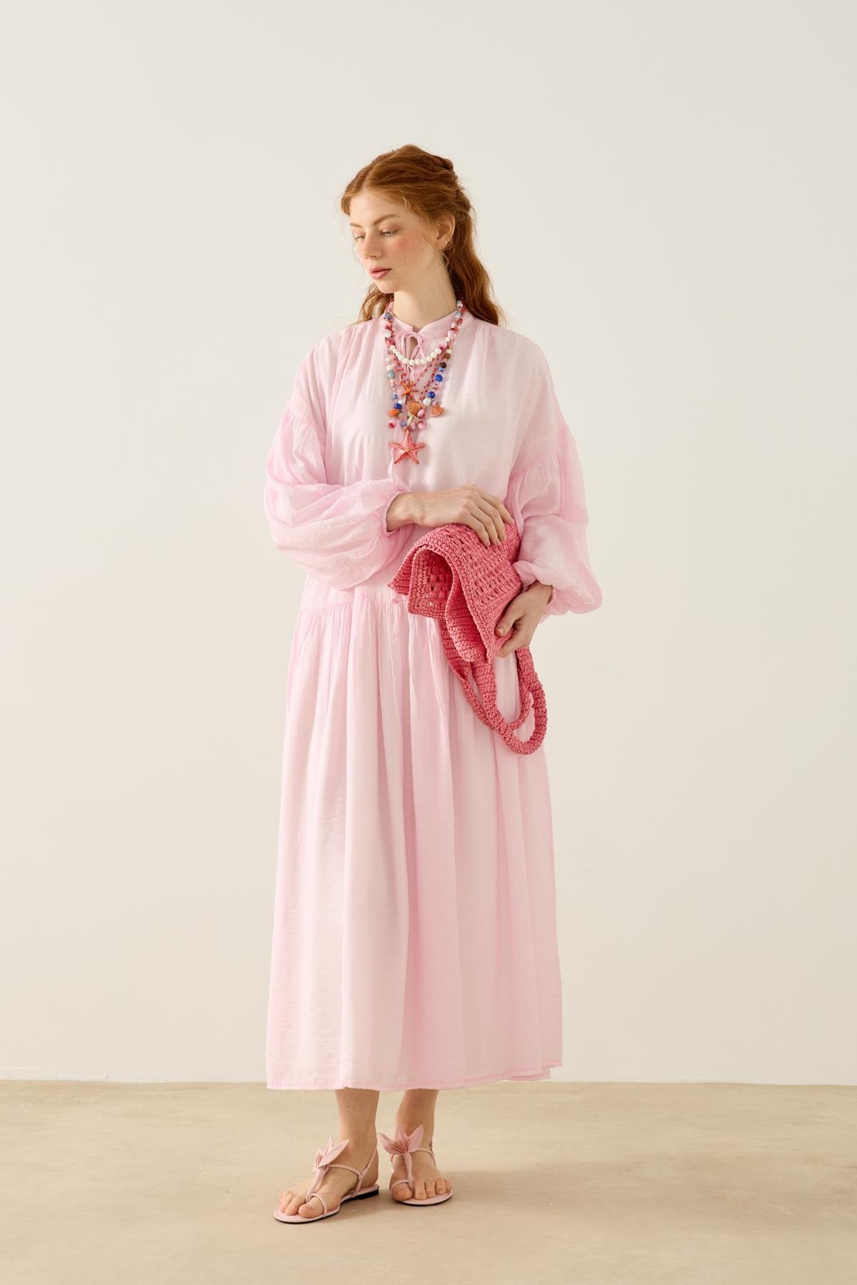 Margaret Robalı Balon Kol Elbise  - Pembe