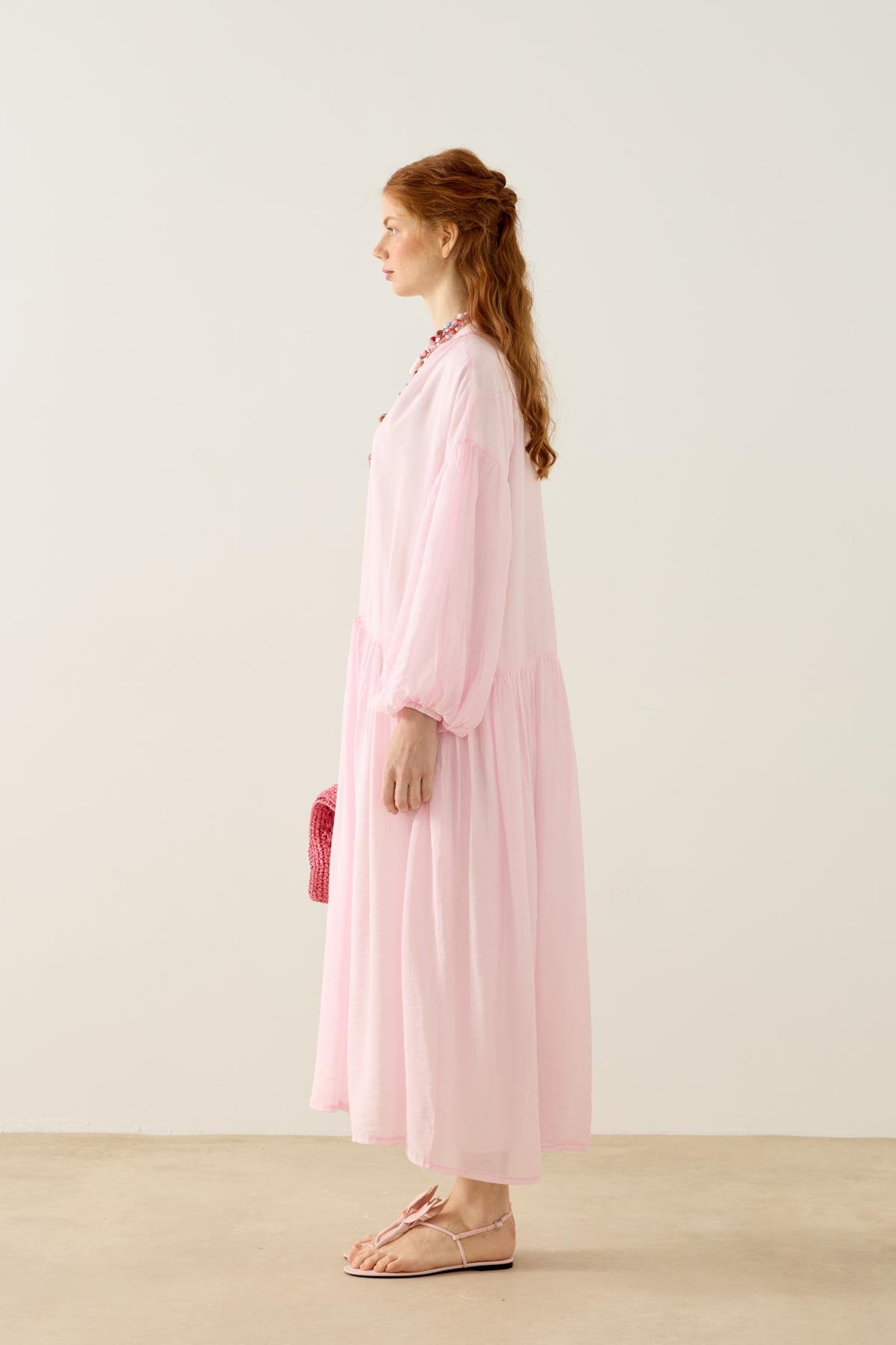 Margaret Robalı Balon Kol Elbise  - Pembe